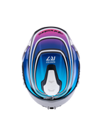 Alpinestars S-R7 Zeal helm ECE 22.06, integraalmotorhelm voor racegebruik, bovenaanzicht met zwart, blauw, roze en wit glanzend grafisch ontwerp en aerodynamische ventilatie