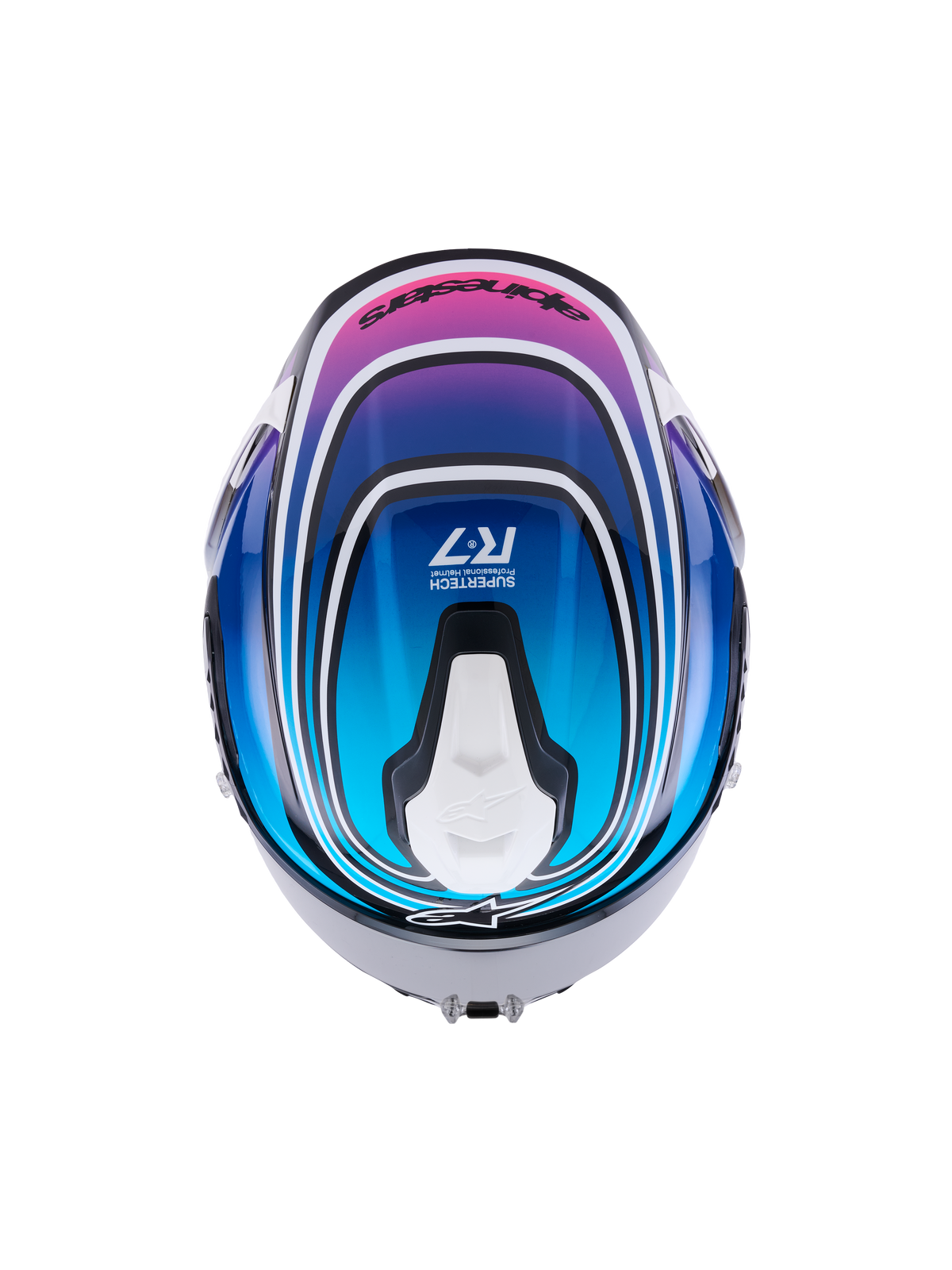 Alpinestars S-R7 Zeal helm ECE 22.06, integraalmotorhelm voor racegebruik, bovenaanzicht met zwart, blauw, roze en wit glanzend grafisch ontwerp en aerodynamische ventilatie