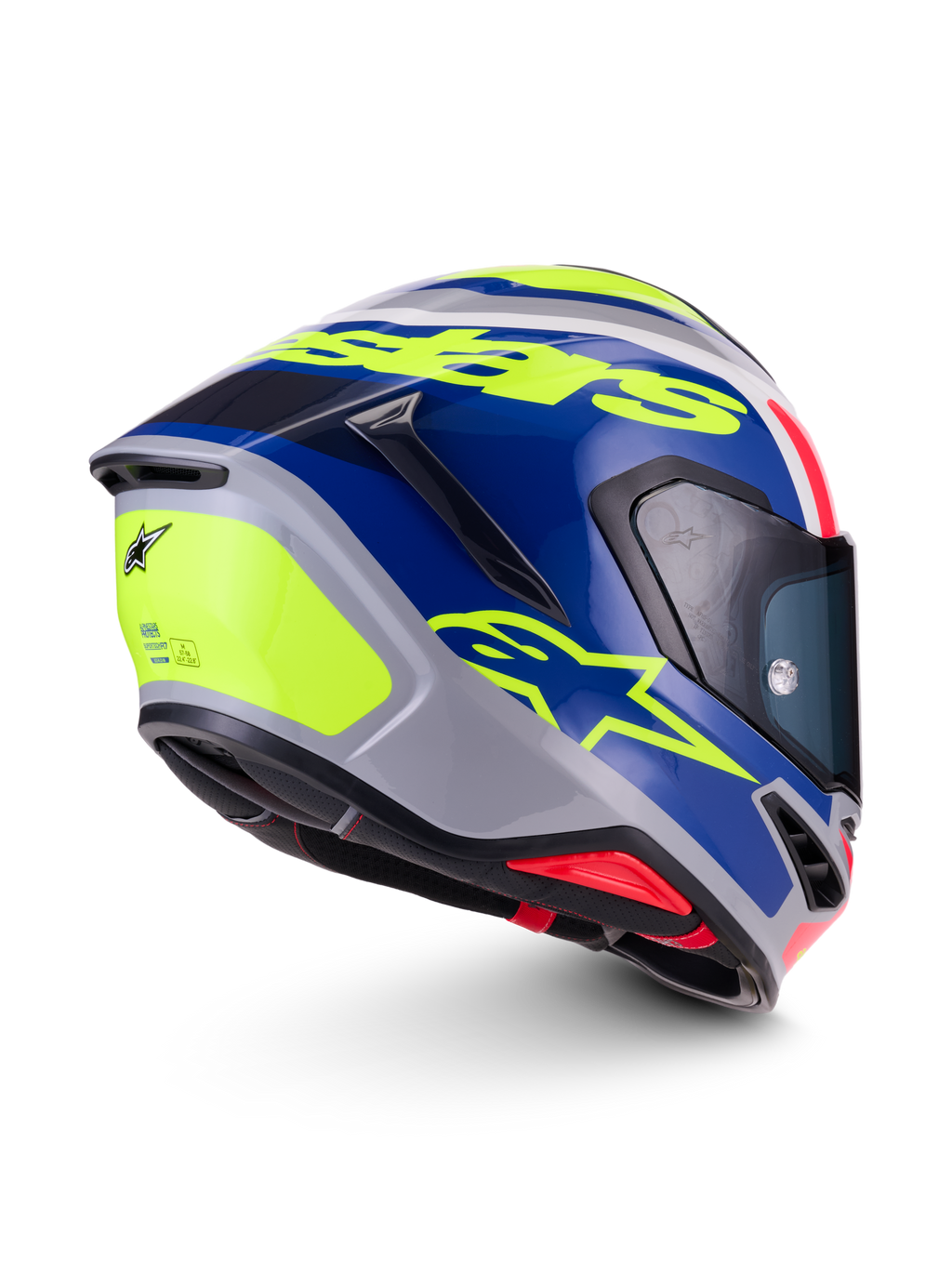 Alpinestars S-R7 Lumen helm, motorracinghelm, zilver, blauw, roze en geel, glanzende afwerking, carboncomposiet constructie