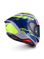 Alpinestars S-R7 Lumen helm, motorracinghelm, zilver, blauw, roze en geel, glanzende afwerking, carboncomposiet constructie