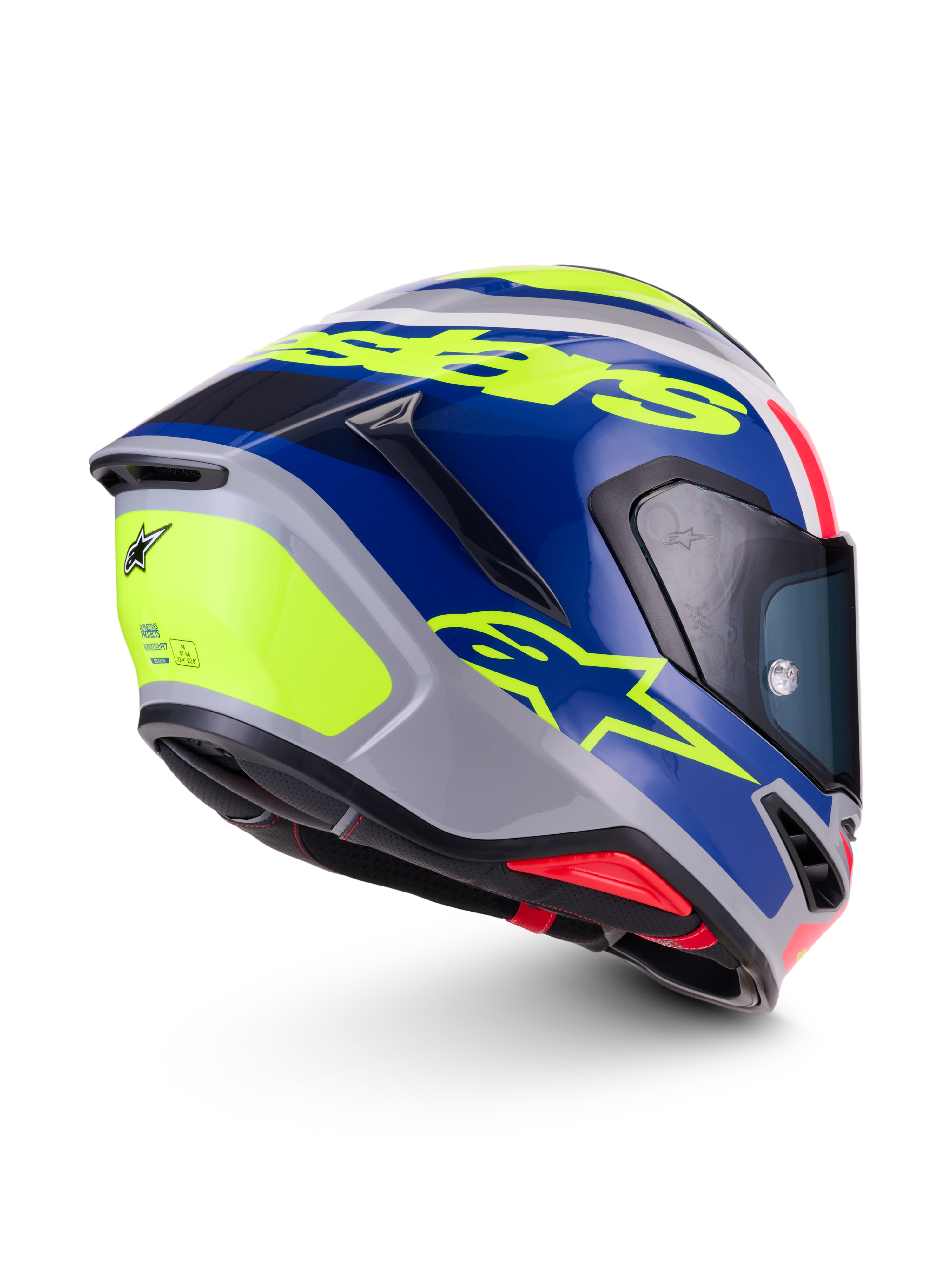 Alpinestars S-R7 Lumen helm, motorracinghelm, zilver, blauw, roze en geel, glanzende afwerking, carboncomposiet constructie
