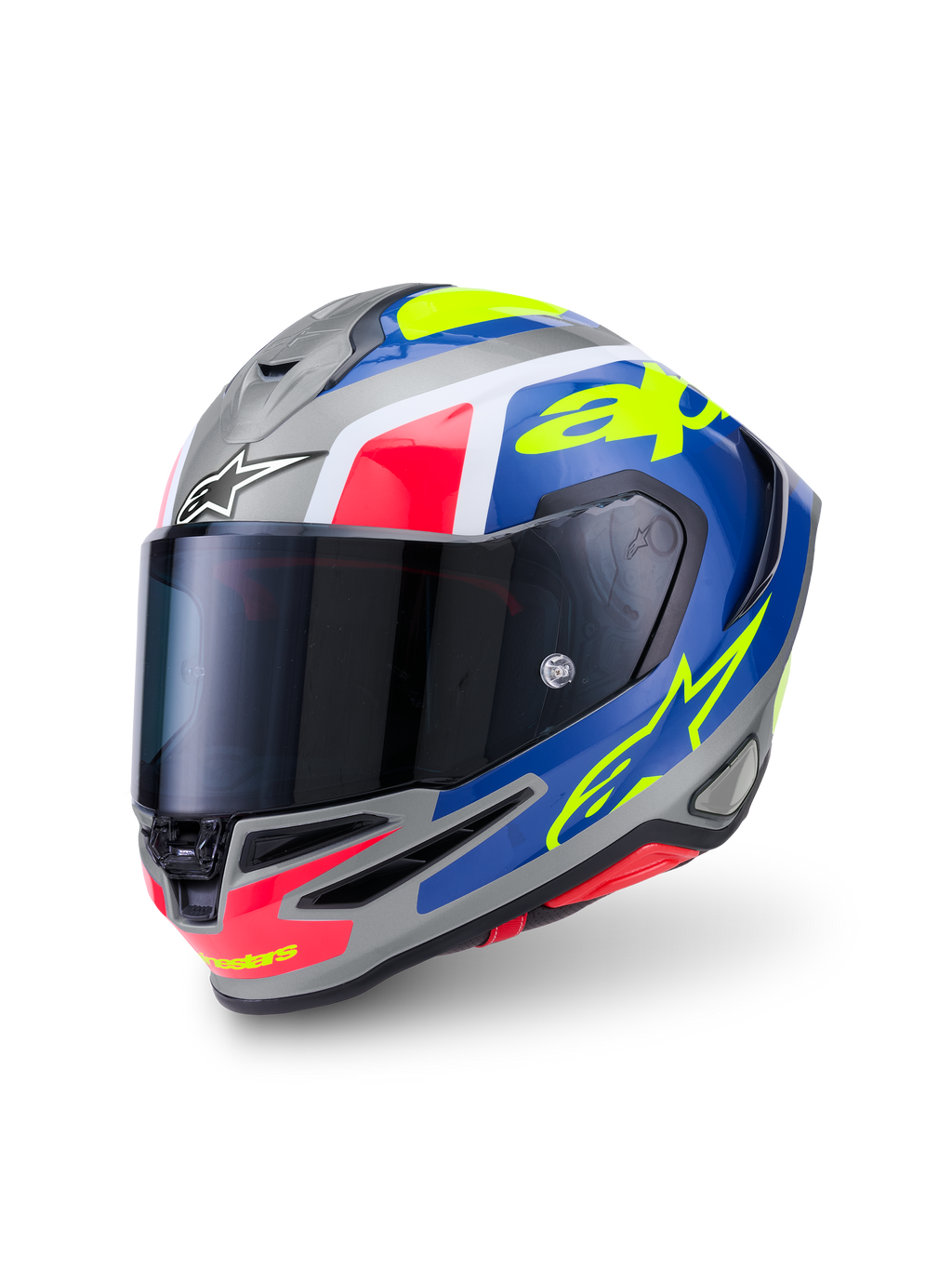 Alpinestars S-R7 Lumen helm, motorracinghelm, zilver, blauw, roze en geel, glanzende afwerking, carbon composietconstructie, CE-gecertificeerd