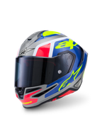 Alpinestars S-R7 Lumen helm, motorracinghelm, zilver, blauw, roze en geel, glanzende afwerking, carbon composietconstructie, CE-gecertificeerd