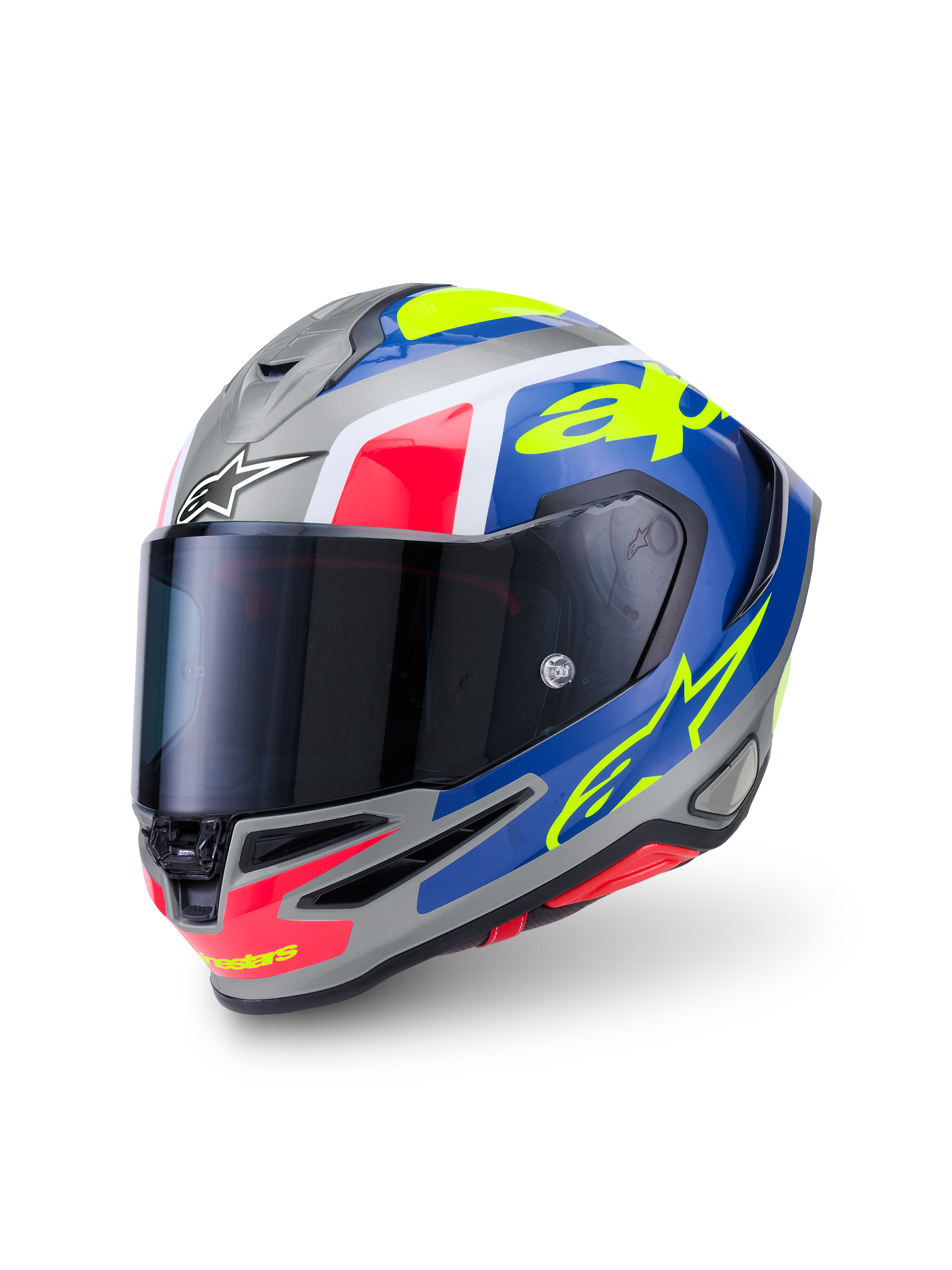 Alpinestars S-R7 Lumen helm, motorracinghelm, zilver, blauw, roze en geel, glanzende afwerking, carbon composietconstructie, CE-gecertificeerd