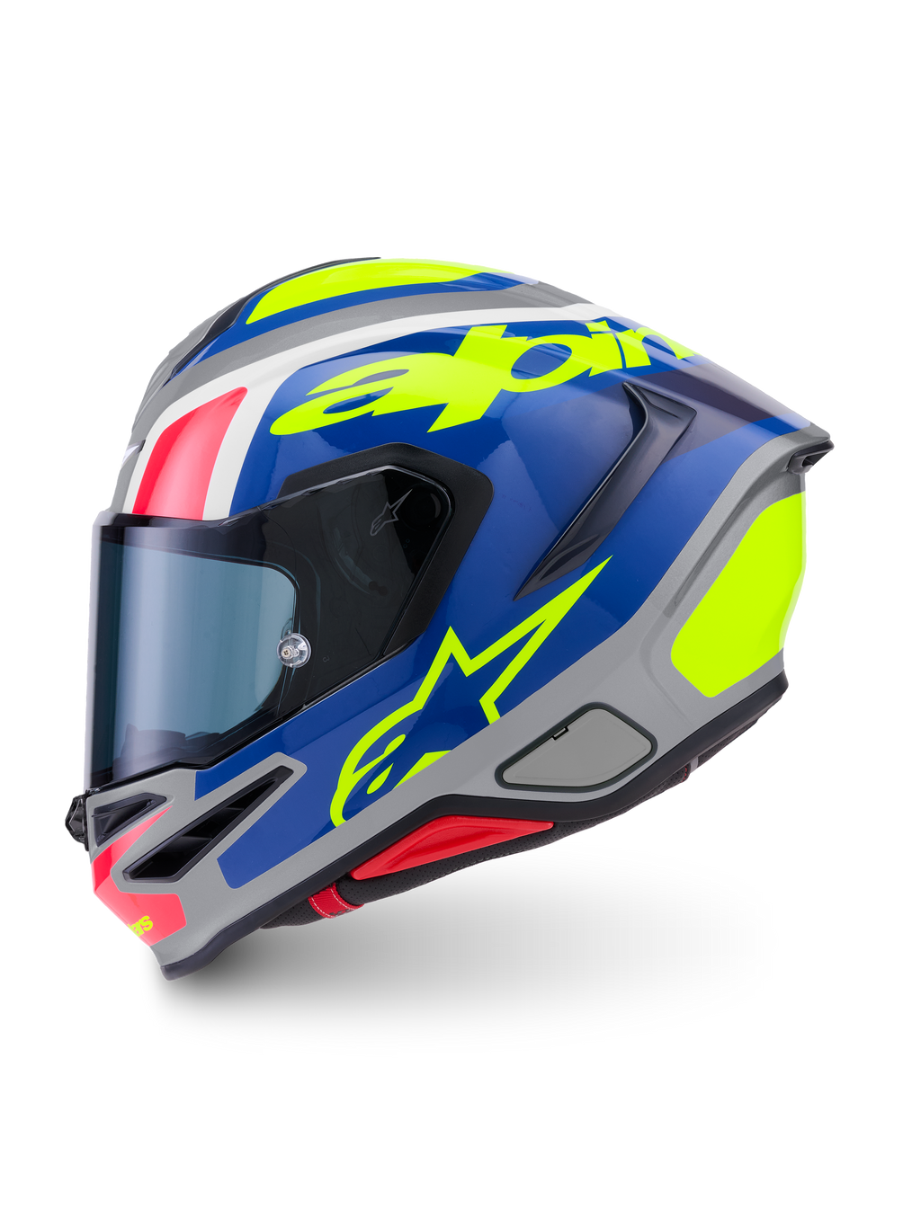 Alpinestars S-R7 Lumen helm, motorracinghelm, zilver, blauw, roze en geel, glanzende koolstofcomposiet constructie, CE-gecertificeerd