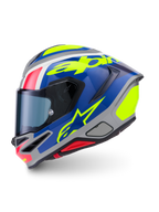 Alpinestars S-R7 Lumen helm, motorracinghelm, zilver, blauw, roze en geel, glanzende koolstofcomposiet constructie, CE-gecertificeerd