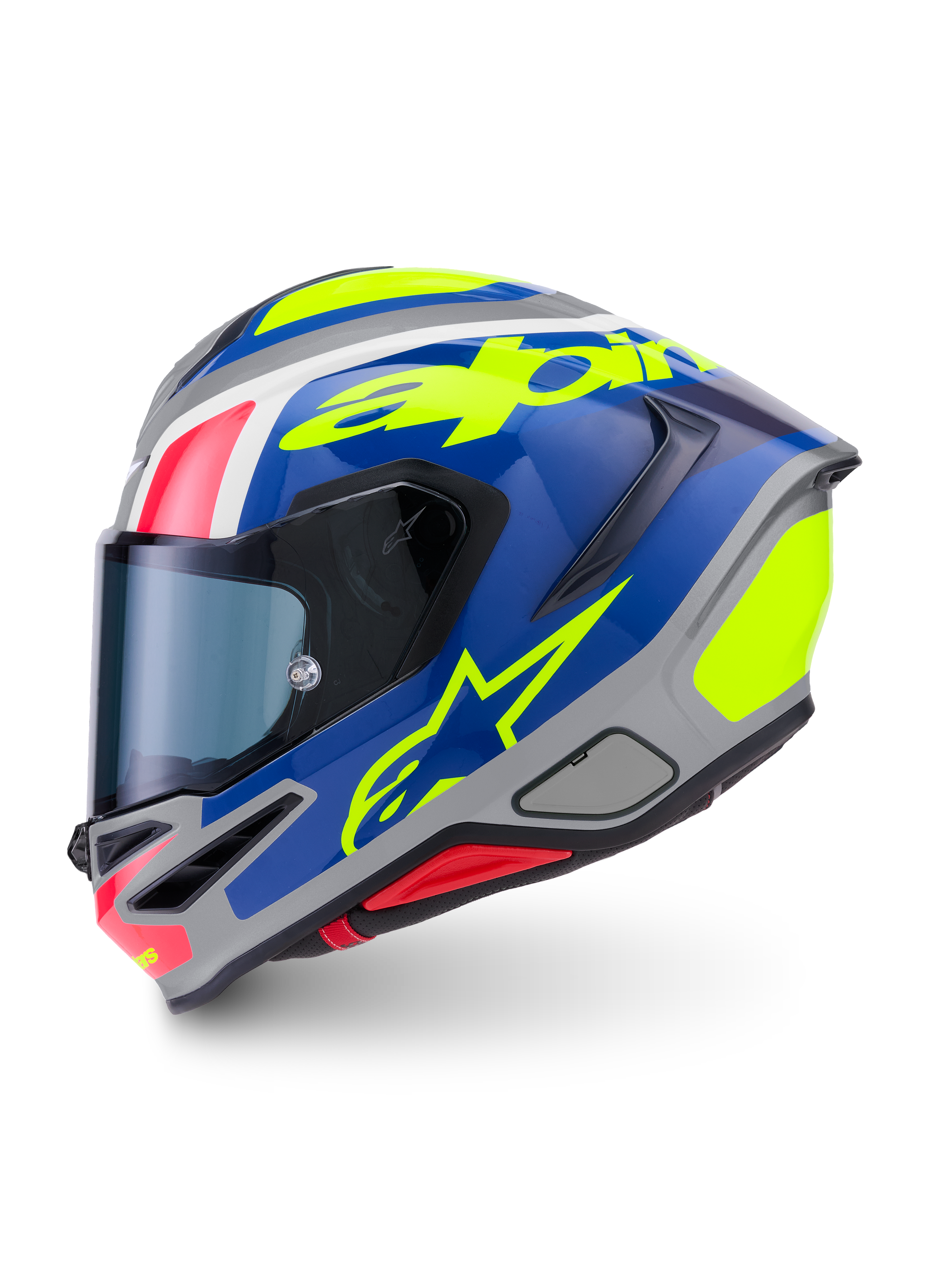 Alpinestars S-R7 Lumen helm, motorracinghelm, zilver, blauw, roze en geel, glanzende koolstofcomposiet constructie, CE-gecertificeerd