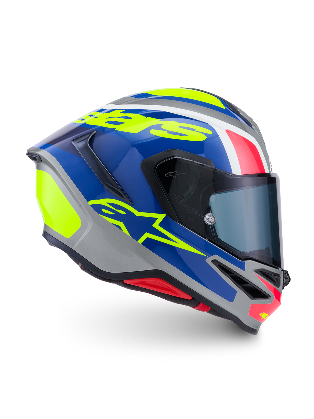 Alpinestars S-R7 Lumen helm, integrale motorhelm, zilver, blauw, roze en geel, ECE 22.06-gecertificeerde koolstofcomposiet constructie