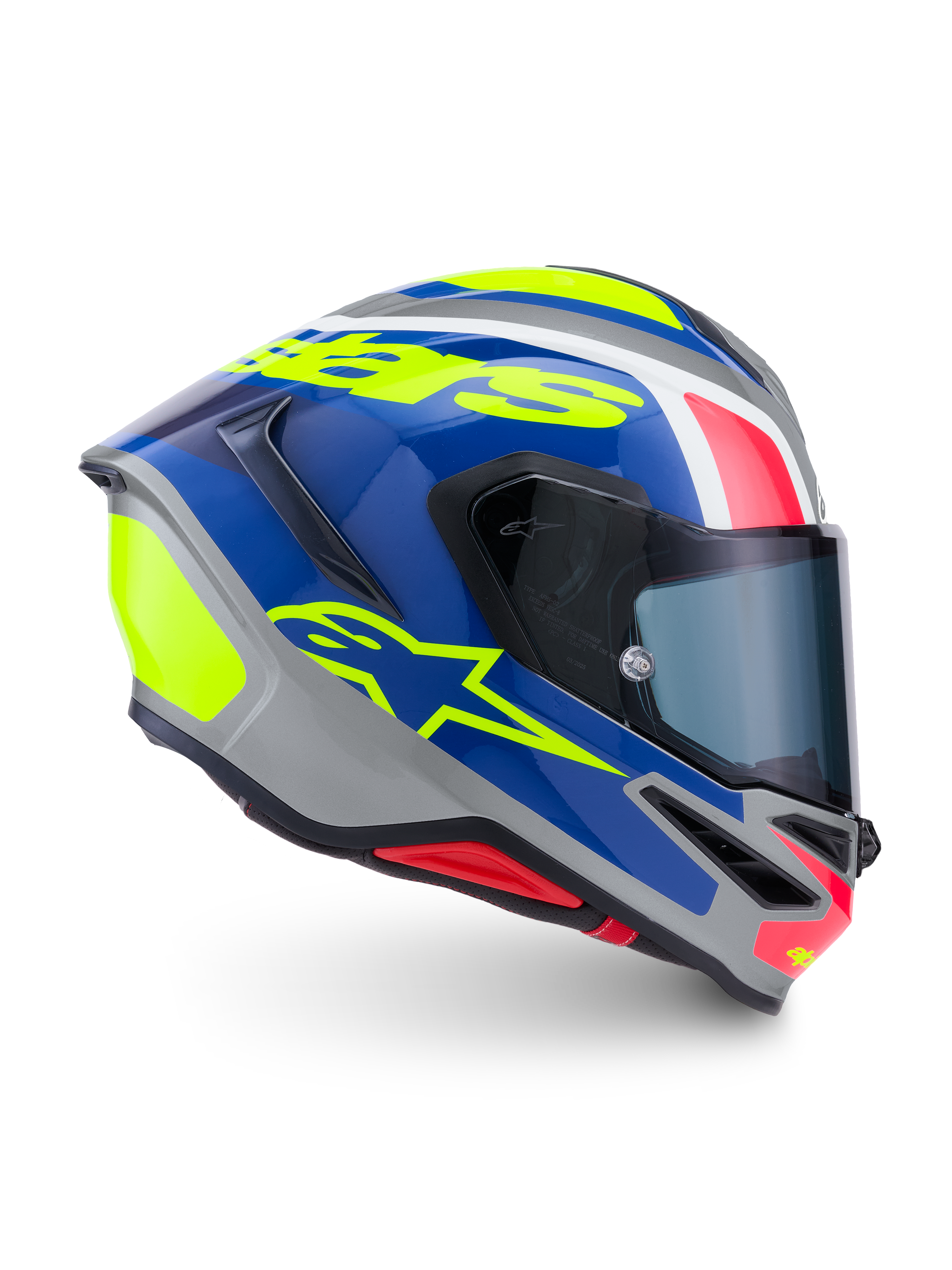 Alpinestars S-R7 Lumen helm, integrale motorhelm, zilver, blauw, roze en geel, ECE 22.06-gecertificeerde koolstofcomposiet constructie
