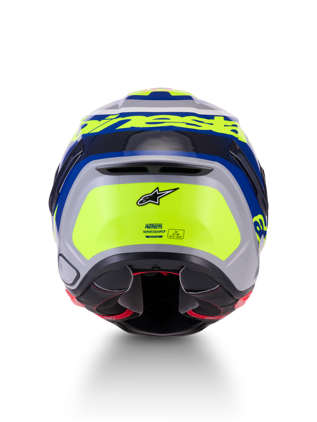 Alpinestars S-R7 Lumen Helm, motorroadracinghelm, achterzijde met aerodynamisch ontwerp, zilver, blauw, roze en geel met glanzende afwerking, Alpinestars-branding en ECE 22.06-veiligheidscertificering