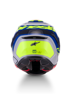Alpinestars S-R7 Lumen Helm, motorroadracinghelm, achterzijde met aerodynamisch ontwerp, zilver, blauw, roze en geel met glanzende afwerking, Alpinestars-branding en ECE 22.06-veiligheidscertificering