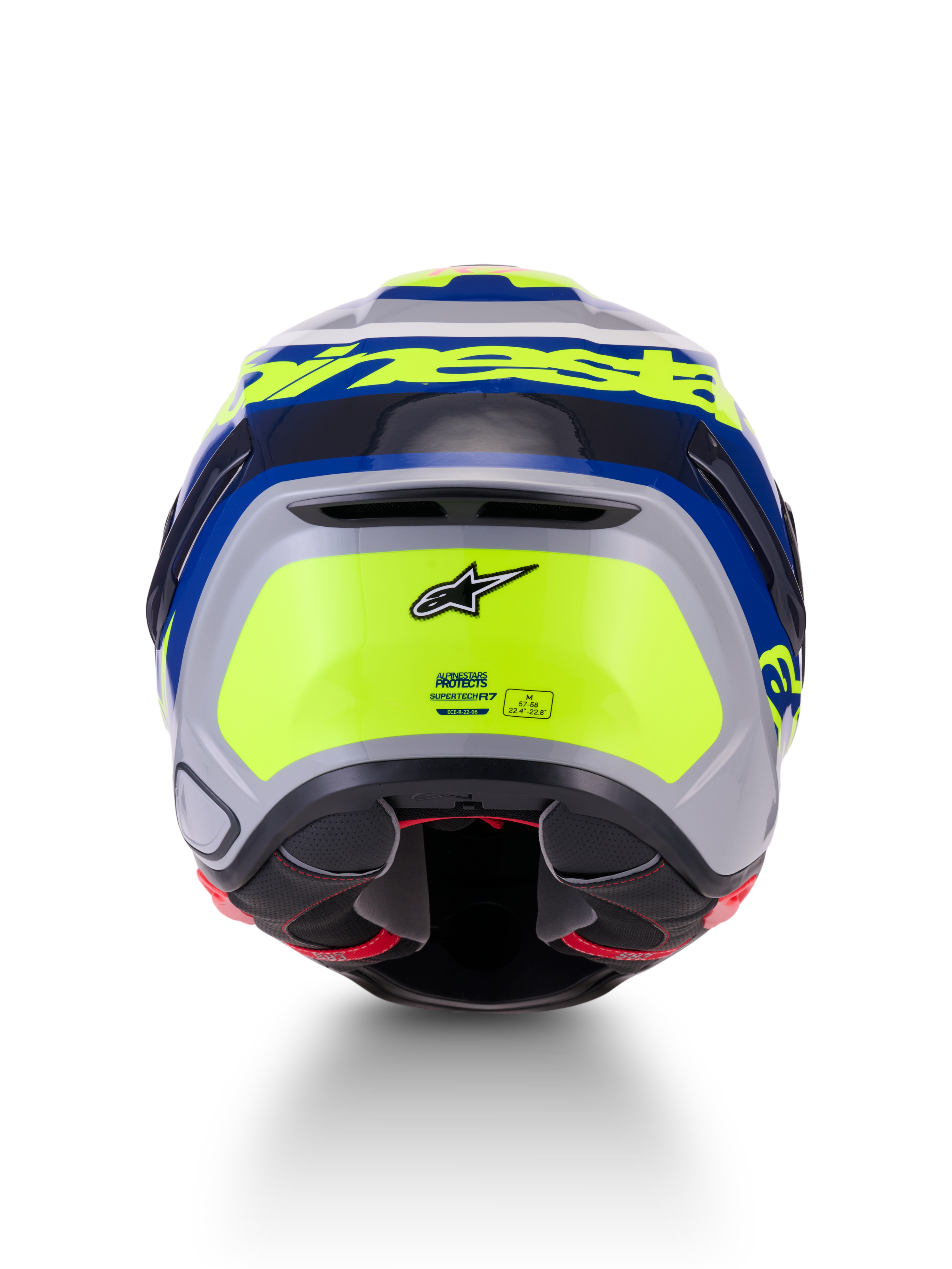 Alpinestars S-R7 Lumen Helm, motorroadracinghelm, achterzijde met aerodynamisch ontwerp, zilver, blauw, roze en geel met glanzende afwerking, Alpinestars-branding en ECE 22.06-veiligheidscertificering