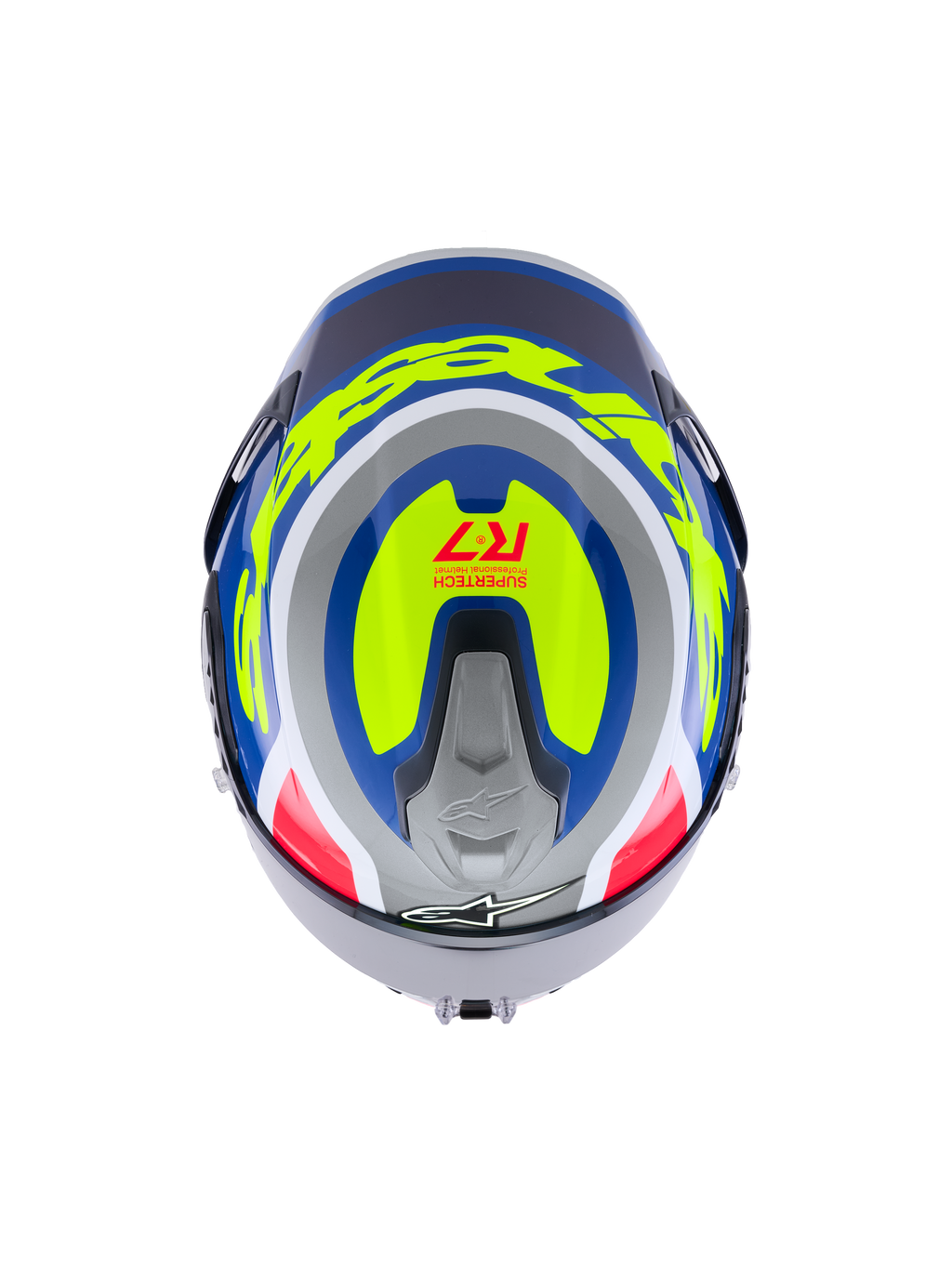 Alpinestars S-R7 Lumen Helm, motorracinghelm, zilver, blauw, roze en geel, glanzende carboncomposiet grafische vormgeving, topweergave