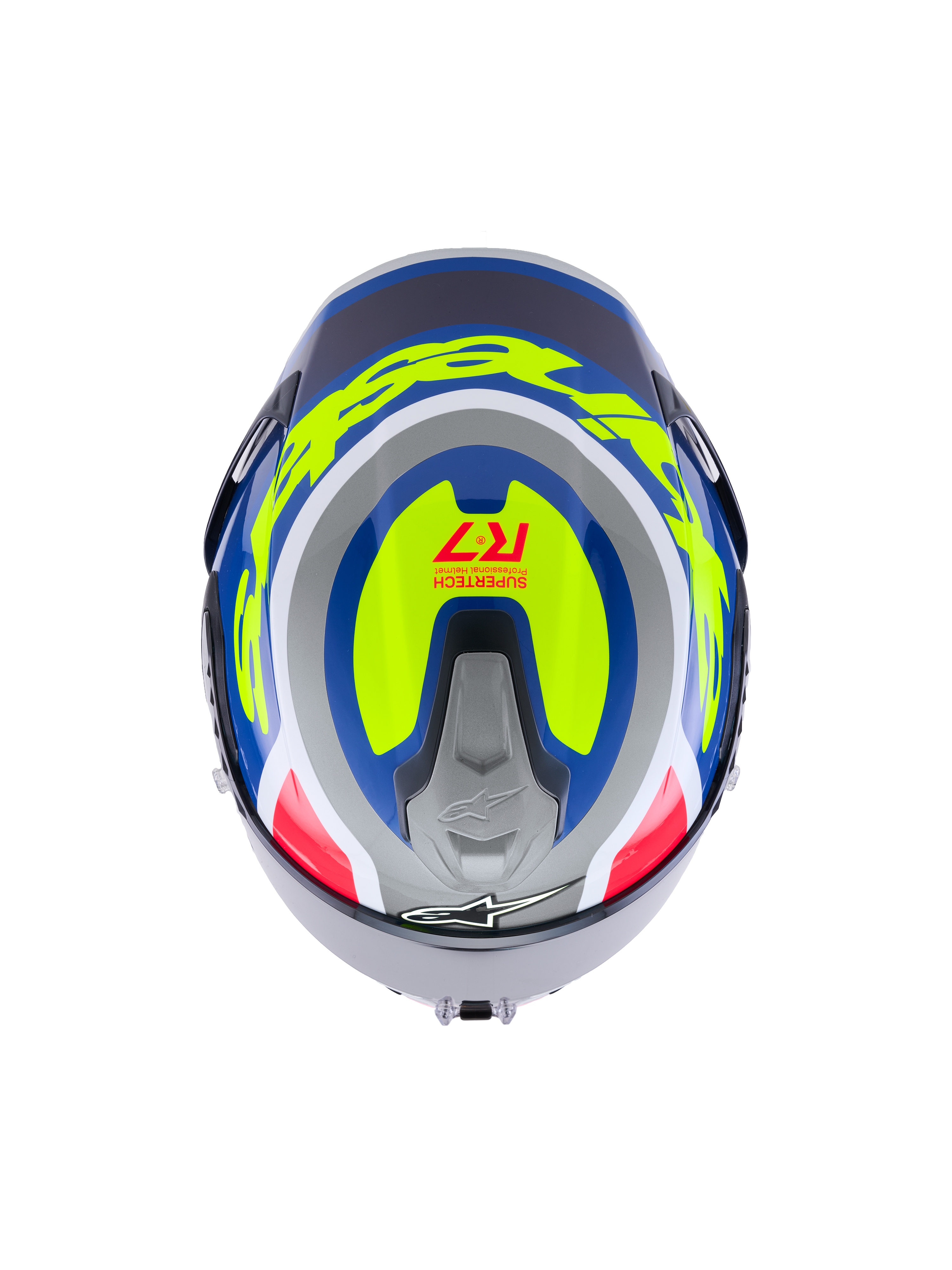 Alpinestars S-R7 Lumen Helm, motorracinghelm, zilver, blauw, roze en geel, glanzende carboncomposiet grafische vormgeving, topweergave