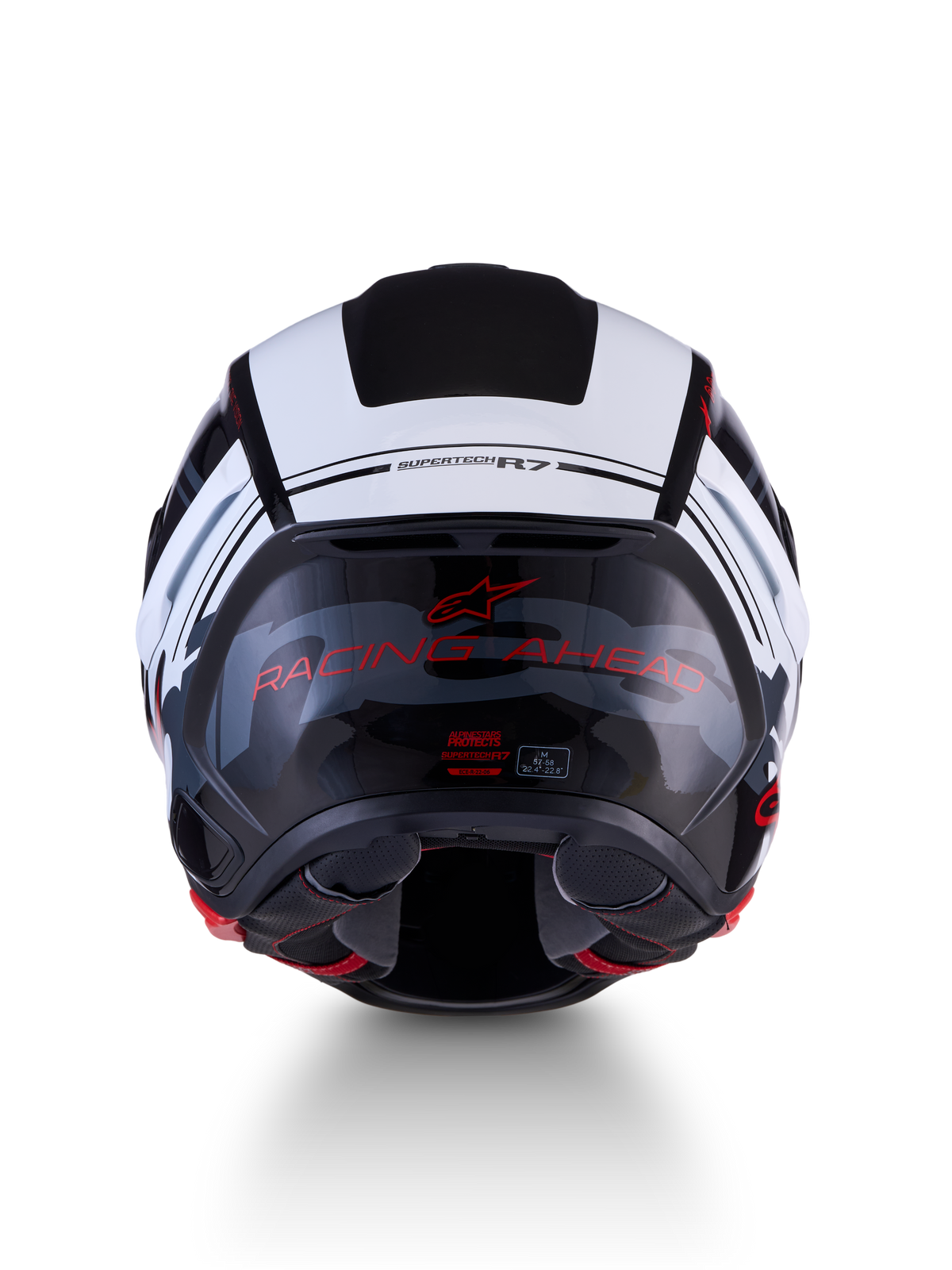 Alpinestars S-R7 A-Core helm, road racing-motorhelm, achteraanzicht met koolstofcomposietconstructie, zwart, wit en rood glanzende afwerking, RACING AHEAD-belettering en ECE-certificeringslabel