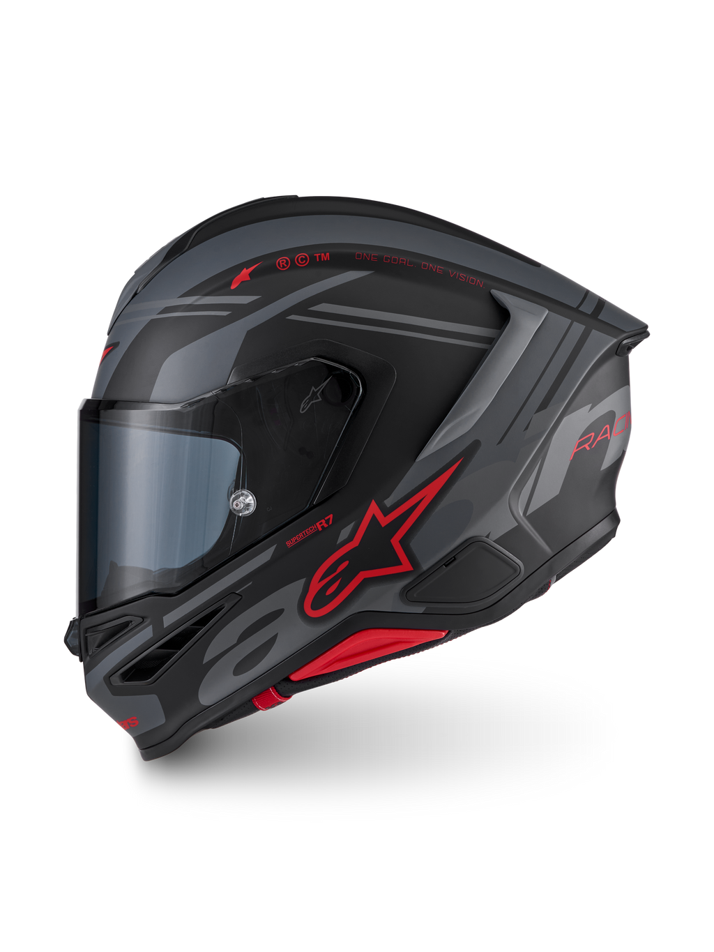 Alpinestars S-R7 A-Core Helmet ECE 22.06, full face motorcycle road helmet in matte black, gray, and red with aerodynamic design and branding details