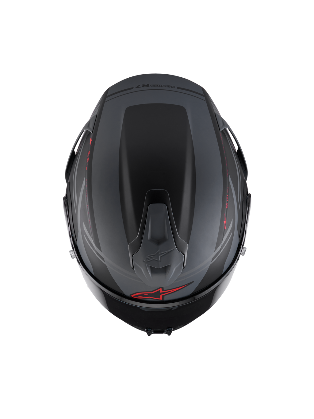 Alpinestars S-R7 A-Core Helmet ECE 22.06, full face motorcycle racing helmet, top view showing aerodynamic spoiler and ventilation, matte black, gray, and red