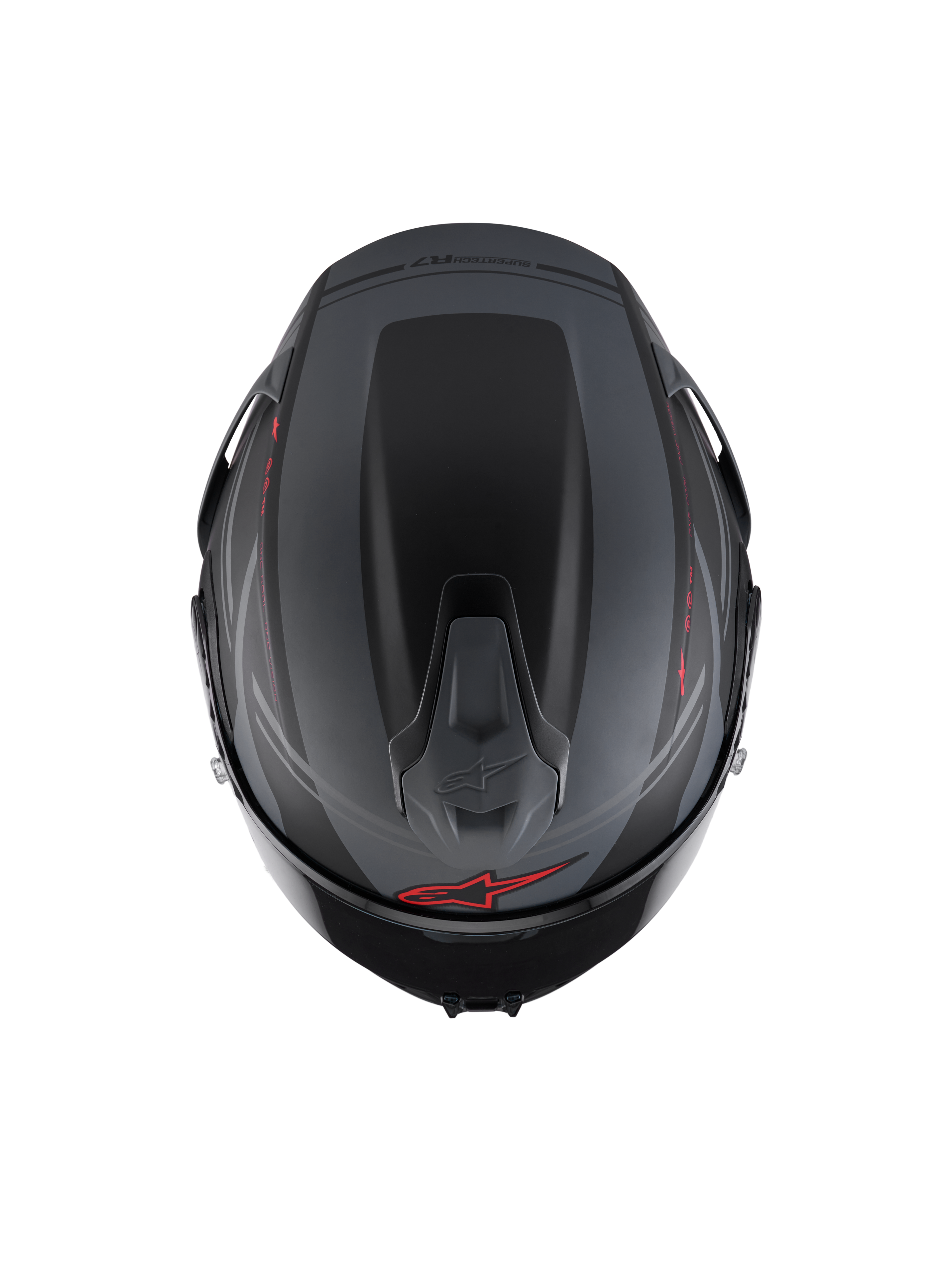 Alpinestars S-R7 A-Core Helmet ECE 22.06, full face motorcycle racing helmet, top view showing aerodynamic spoiler and ventilation, matte black, gray, and red
