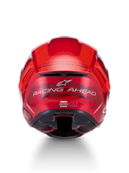Alpinestars S-R7 A-Core helm, ECE 22.06 motorracinghelm, achteraanzicht met rood-witte glanzende afwerking en "Racing Ahead"-branding
