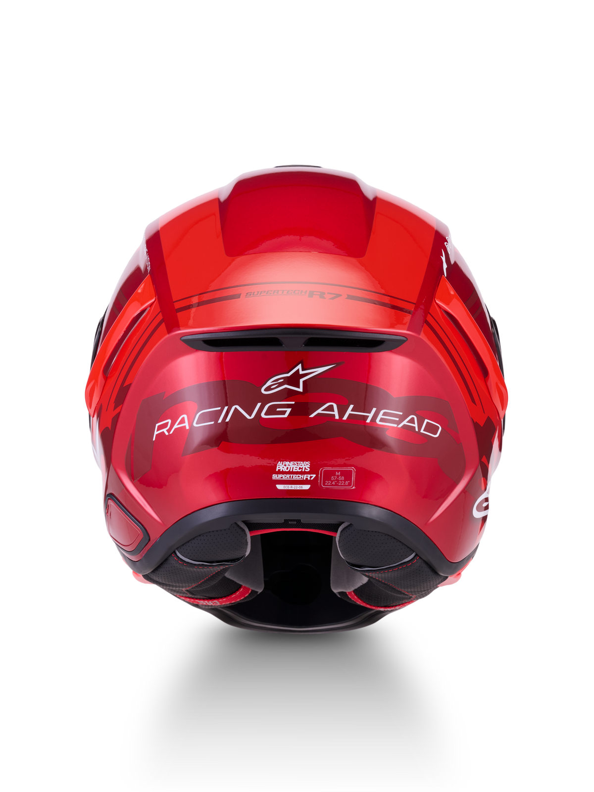 Alpinestars S-R7 A-Core helm, ECE 22.06 motorracinghelm, achteraanzicht met rood-witte glanzende afwerking en "Racing Ahead"-branding
