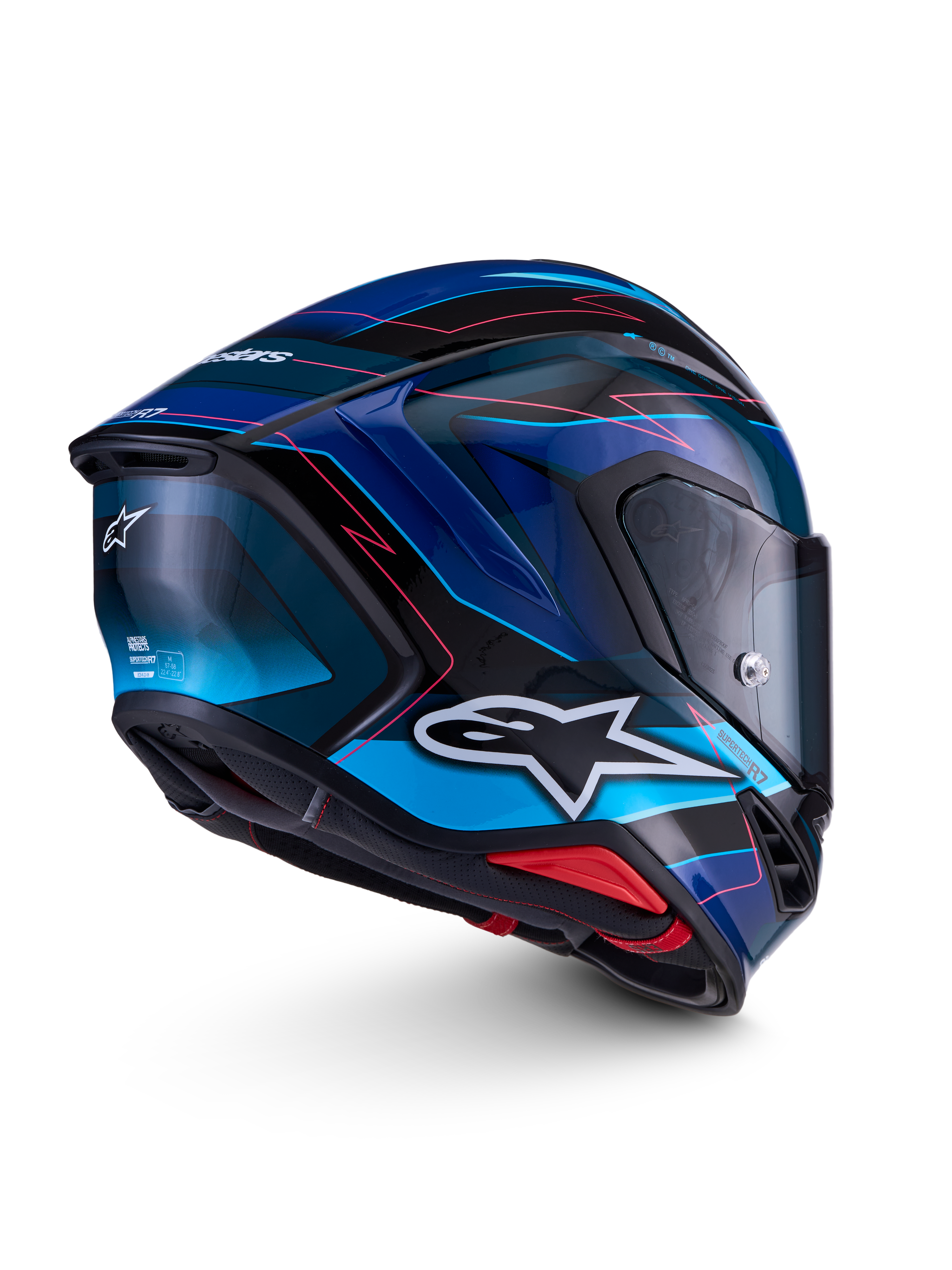 Alpinestars S-R7 Kinetis Helmet ECE 22.06, motorcycle road racing helmet, black, blue, and pink fluo with white details, carbon composite construction, glossy finish