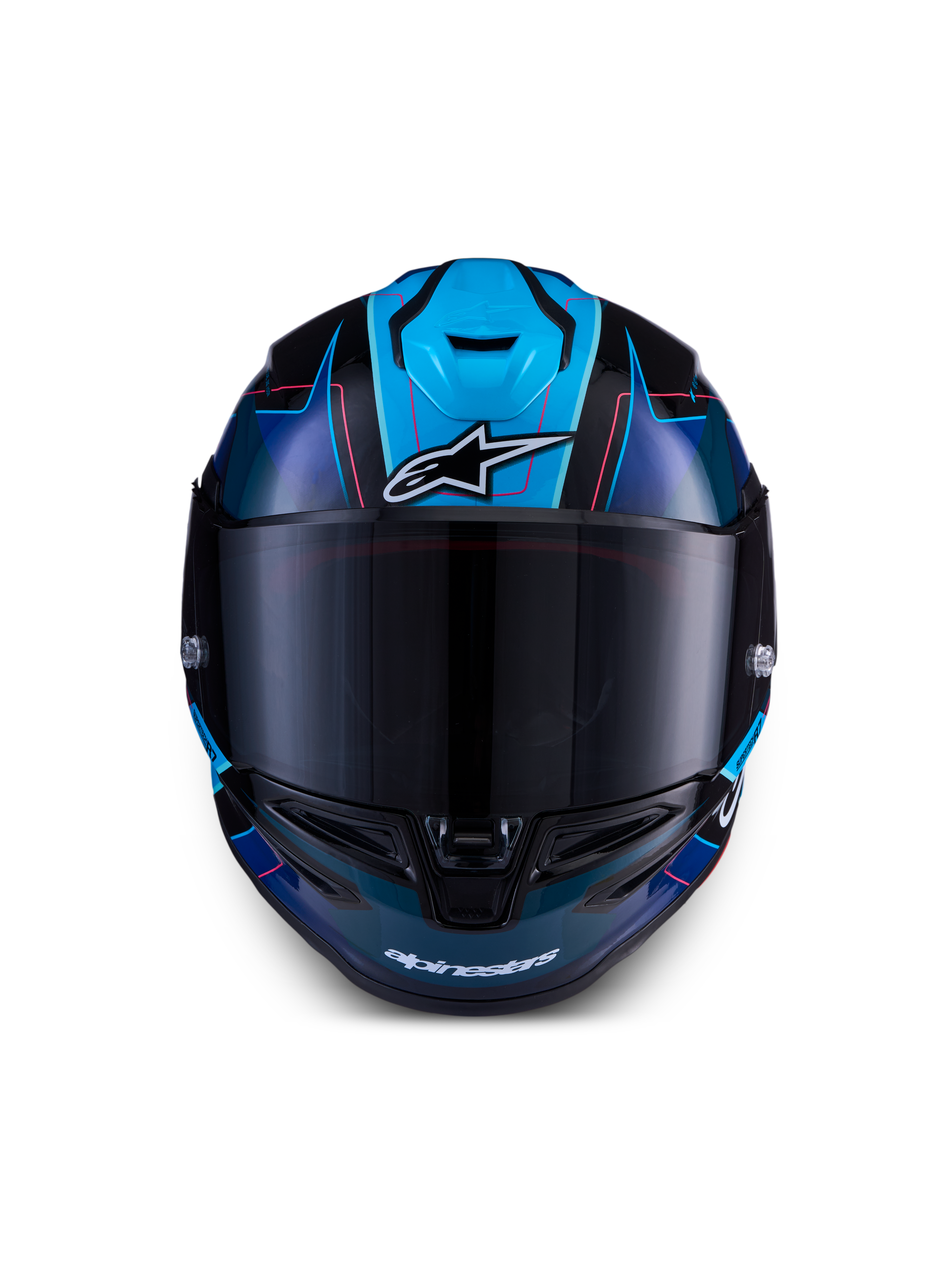 Alpinestars S-R7 Kinetis Helmet ECE 22.06, full face motorcycle racing helmet, Black, Blue, and Pink Fluo, carbon composite construction