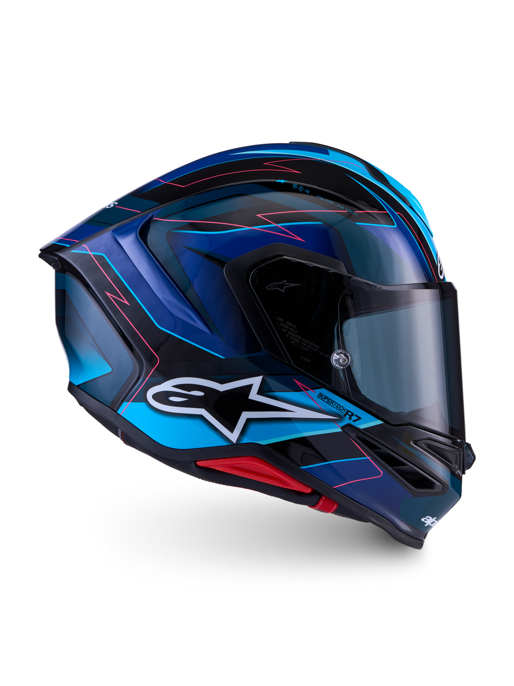 Alpinestars S-R7 Kinetis Helmet ECE 22.06, full face motorcycle racing helmet, Black, Blue, Pink, and White glossy finish, carbon composite construction