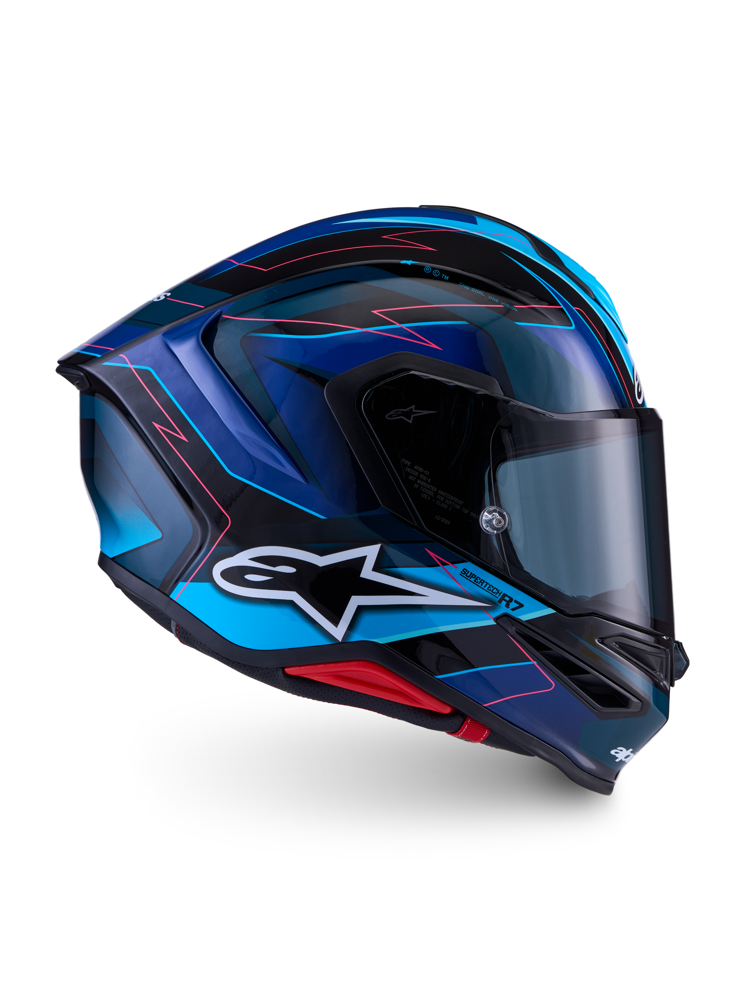 Alpinestars S-R7 Kinetis Helmet ECE 22.06, full face motorcycle racing helmet, Black, Blue, Pink, and White glossy finish, carbon composite construction