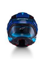 Alpinestars S-R7 Kinetis Helmet ECE 22.06, motorcycle road helmet, front view in black, blue, pink fluo, and white glossy with carbon construction and aerodynamic design