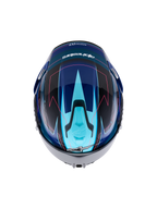 Alpinestars S-R7 Kinetis Helmet, full face motorcycle helmet in Black, Blue, Pink Fluo, and White Glossy, top-down view showing aerodynamic design and graphic details, ECE 22.06 certified carbon composite construction