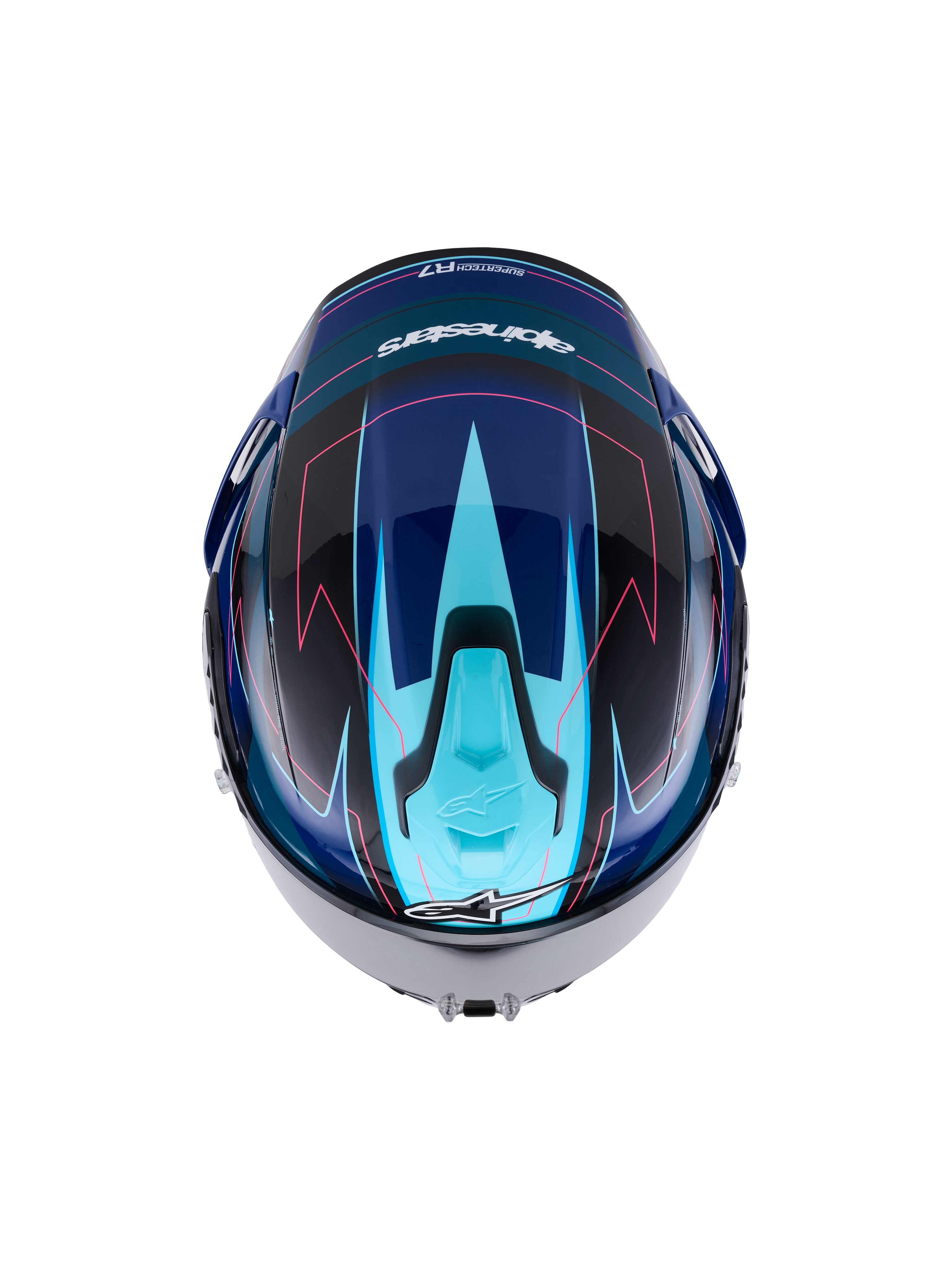 Alpinestars S-R7 Kinetis Helmet, full face motorcycle helmet in Black, Blue, Pink Fluo, and White Glossy, top-down view showing aerodynamic design and graphic details, ECE 22.06 certified carbon composite construction