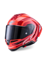 Alpinestars Supertech R10 Arius helm, integraal racehelm, glanzend rood en oranje, met witte Alpinestars-logo's, donker getint vizier, aerodynamisch carbon-composiet ontwerp met multi-vent koelsysteem