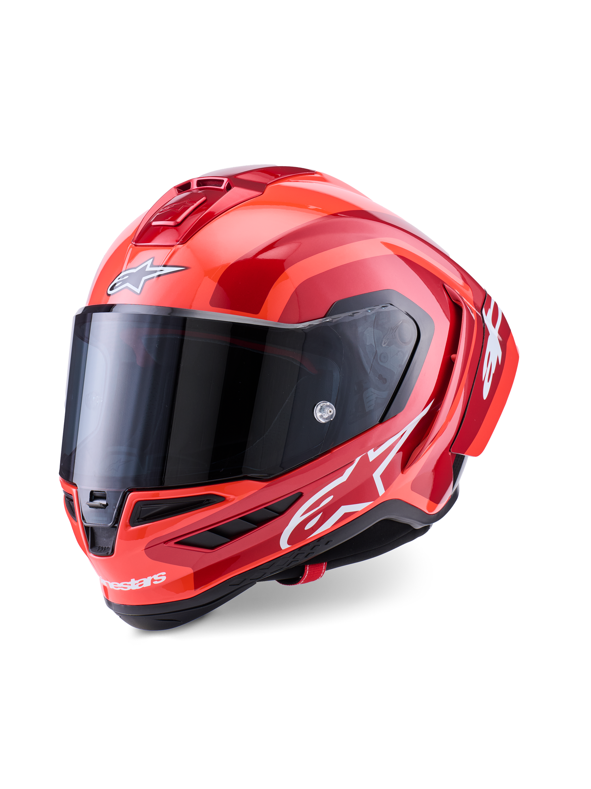 Alpinestars Supertech R10 Arius helm, integraal racehelm, glanzend rood en oranje, met witte Alpinestars-logo's, donker getint vizier, aerodynamisch carbon-composiet ontwerp met multi-vent koelsysteem