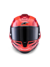 Alpinestars Supertech R10 Arius Helm, integrale racehelm, rood met witte en zwarte accenten, vooraanzicht met donker smoke vizier, voorzien van Alpinestars-branding op het voorhoofd en de kin, glanzende afwerking met aerodynamische ventilatieopeningen
