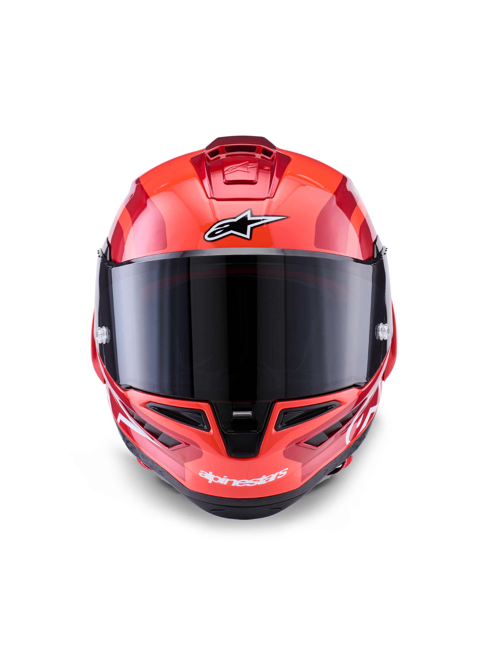 Alpinestars Supertech R10 Arius Helm, integrale racehelm, rood met witte en zwarte accenten, vooraanzicht met donker smoke vizier, voorzien van Alpinestars-branding op het voorhoofd en de kin, glanzende afwerking met aerodynamische ventilatieopeningen