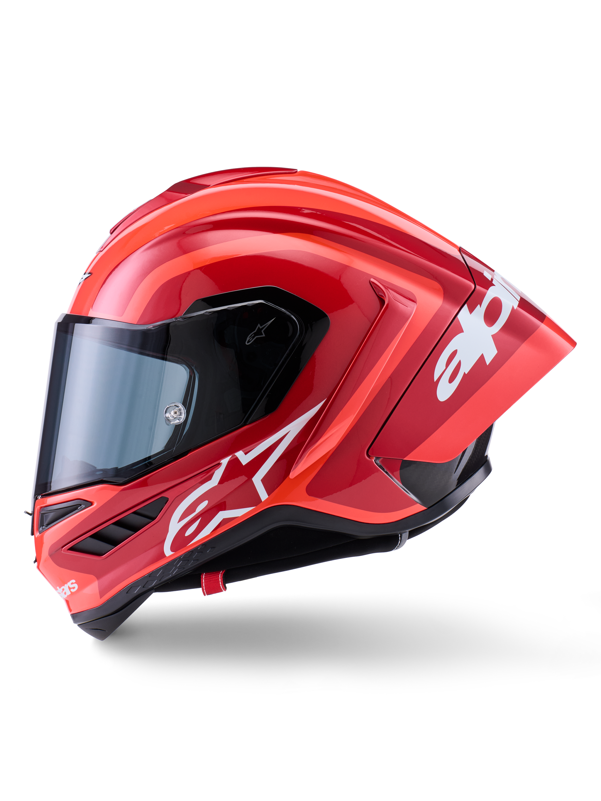 Alpinestars Supertech R10 Arius helm, integrale racehelm, glanzend rood met witte logo-graphics, zijprofiel met nadruk op de aerodynamische spoiler en helder vizier, schaal van koolstofvezelcomposiet voor professionele motorsport