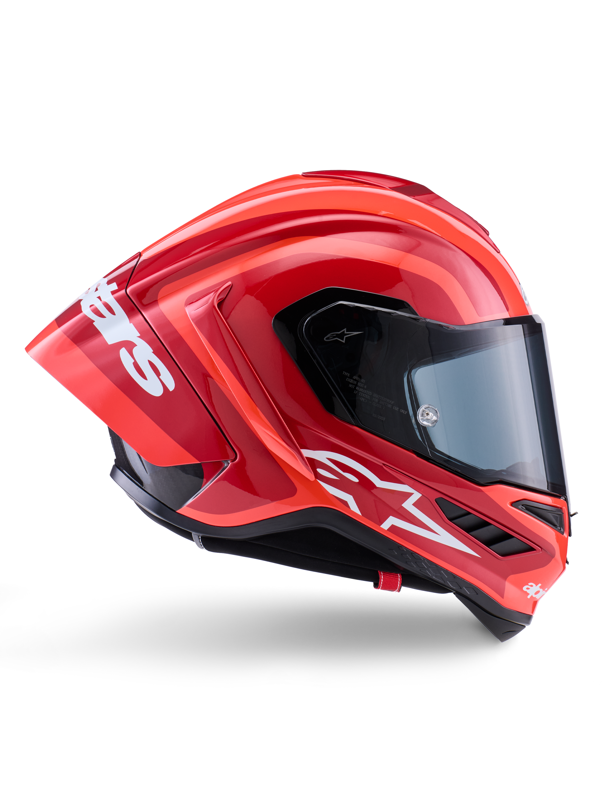 Alpinestars Supertech R10 Arius Helm, integraal racehelm, glanzend rood en oranje, zijprofiel met aerodynamische achterspoiler, wit Astars-logo op de kin en helder vizier, ontworpen voor topprestaties op het circuit bij hoge snelheden