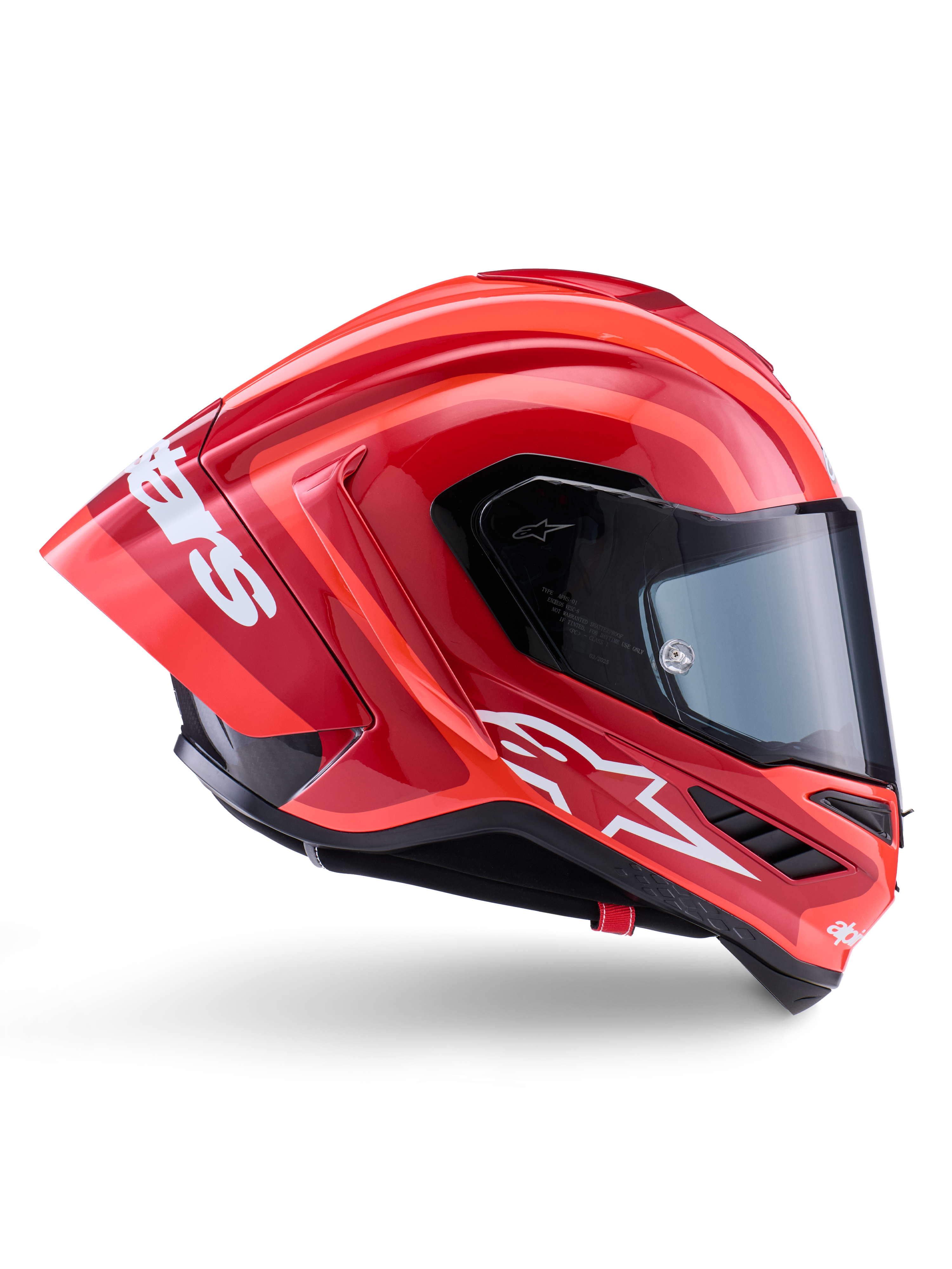 Alpinestars Supertech R10 Arius Helmet, Full-Face Racing Helmet, Glossy Red and Orange, side profile view featuring an aerodynamic rear spoiler, white Astars logo on the chin, and clear visor, engineered for high-speed track performance
