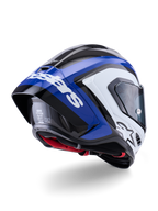Alpinestars Supertech R10 Arius Helmet, Full-Face Racing Helmet, Black White and Blue Glossy, rear three-quarter view showing the aerodynamic spoiler, visible carbon fiber texture, and prominent white Alpinestars branding