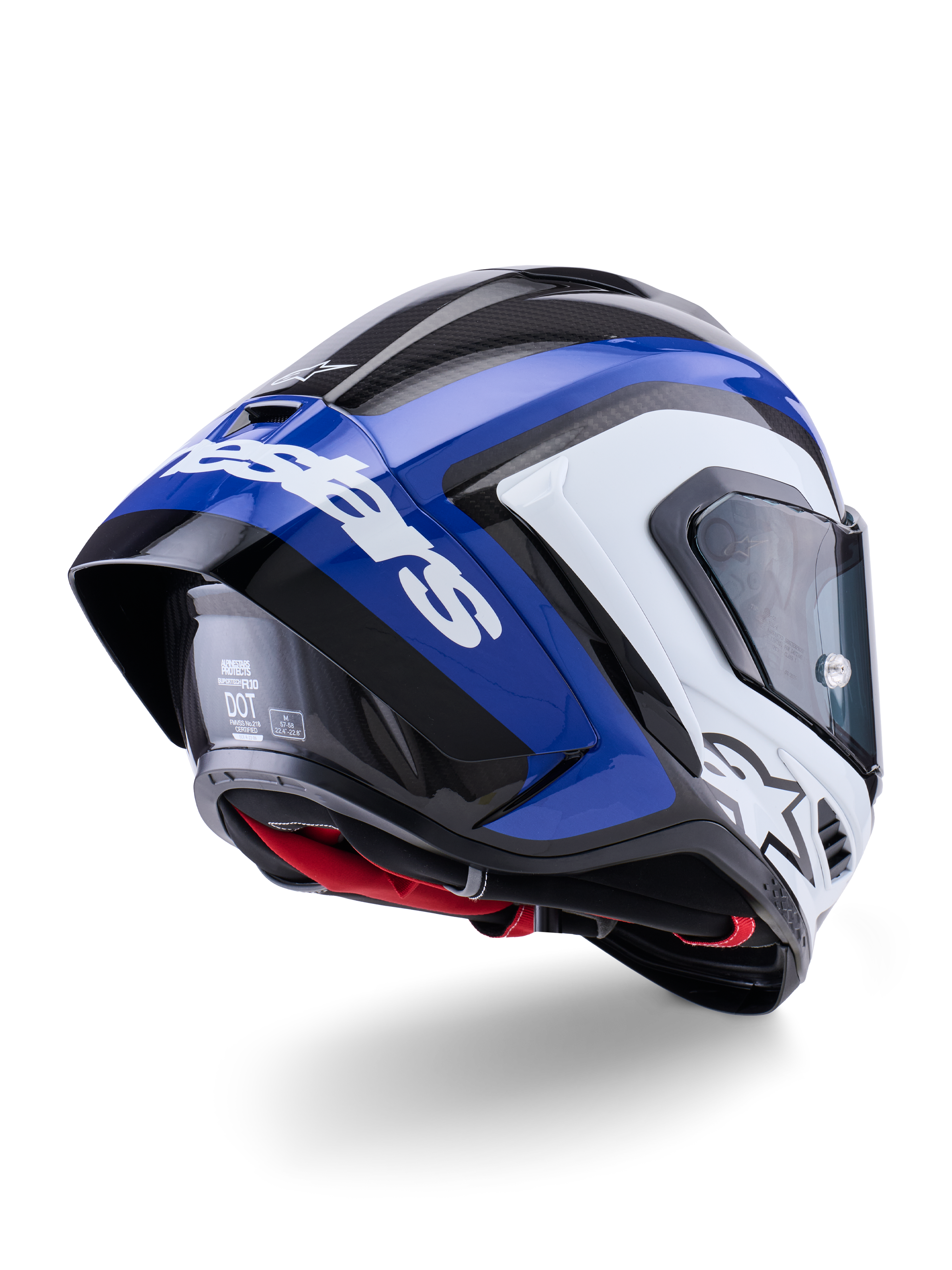 Alpinestars Supertech R10 Arius Helmet, Full-Face Racing Helmet, Black White and Blue Glossy, rear three-quarter view showing the aerodynamic spoiler, visible carbon fiber texture, and prominent white Alpinestars branding