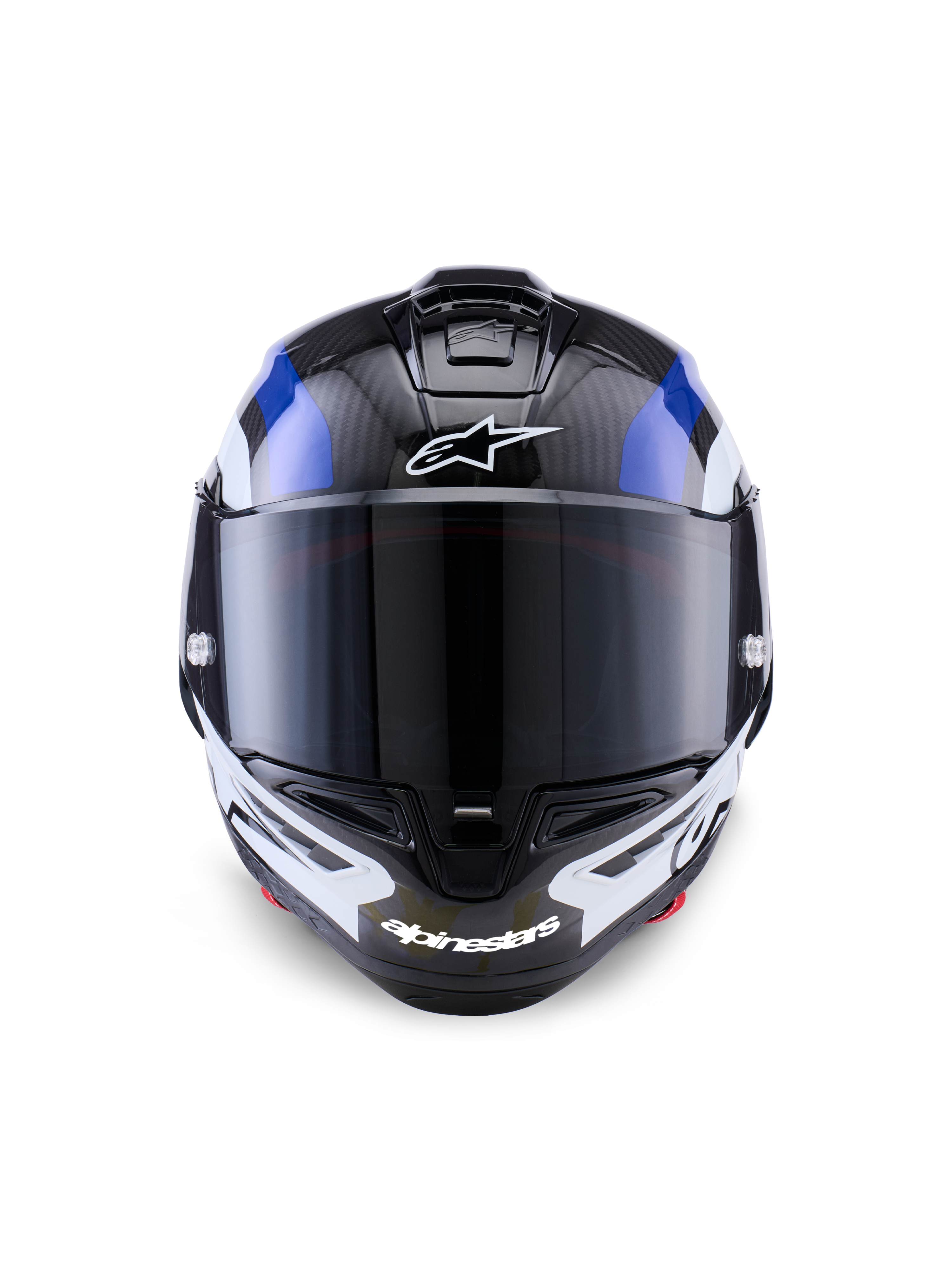 Alpinestars Supertech R10 Arius Helmet, Full-Face Racing Helmet, Black White and Blue Glossy, front view with dark smoke visor, featuring visible carbon fiber texture on the top shell, white Alpinestars logo branding on forehead and chin, sleek aerodynamic design for professional racing