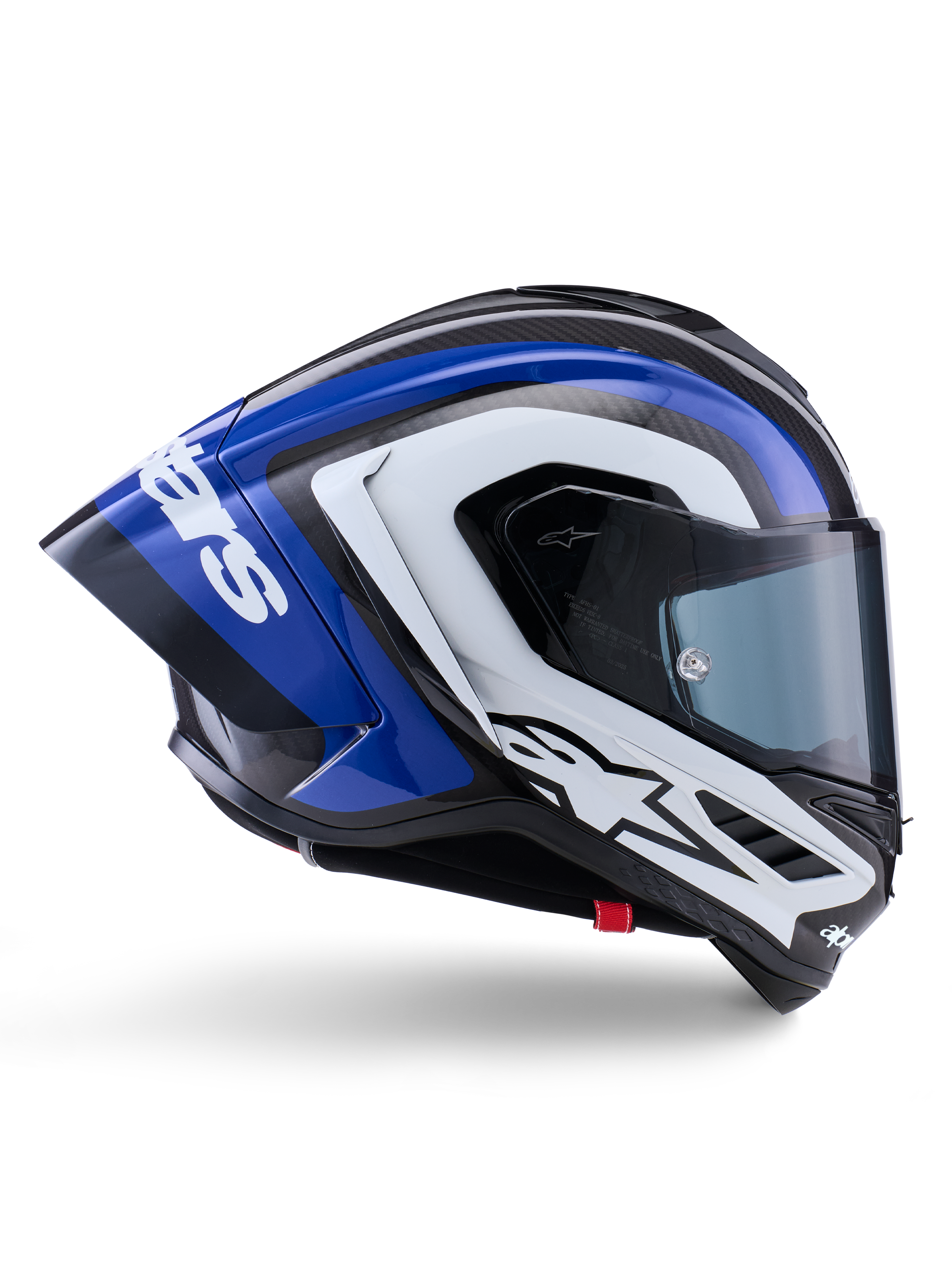 Alpinestars Supertech R10 Arius Helmet, full-face racing helmet, Black White and Blue Glossy finish, aerodynamic side view showing carbon fiber shell and large rear spoiler with Alpinestars logo, professional motorcycle protective gear