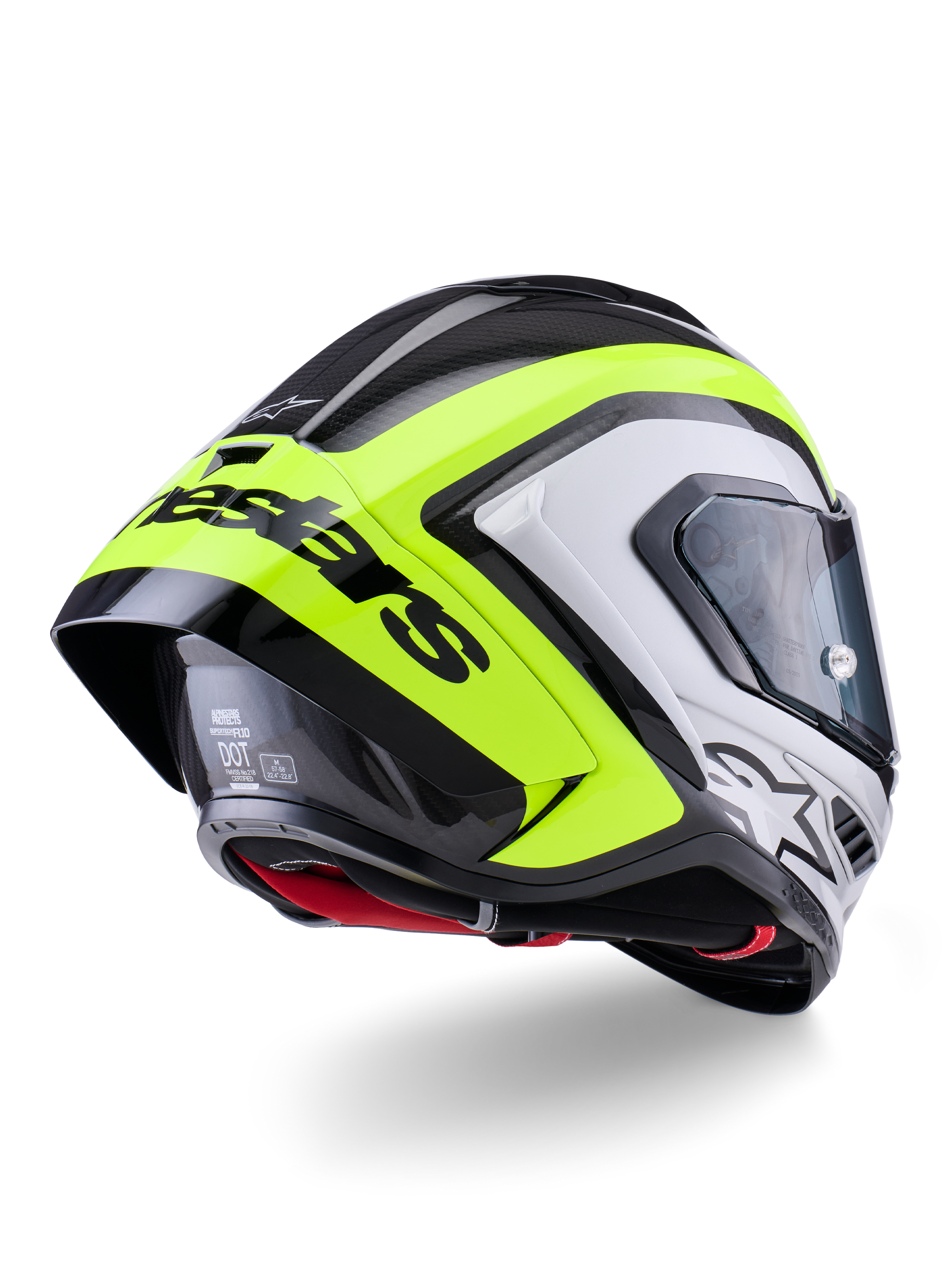 Alpinestars Supertech R10 Arius helm, achteraanzicht, zwart, zilver en fluo geel glanzend, carbonfiber schaalconstructie, grote aerodynamische spoiler met zwarte Alpinestars-tekst, hoogwaardige racebescherming met een gestroomlijnd design