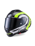 Alpinestars Supertech R10 Arius Helmet, professional racing motorcycle helmet, Glossy Black Carbon with Silver and Fluorescent Yellow accents, featuring a dark smoke visor, aerodynamic winglets, and bold Alpinestars branding
