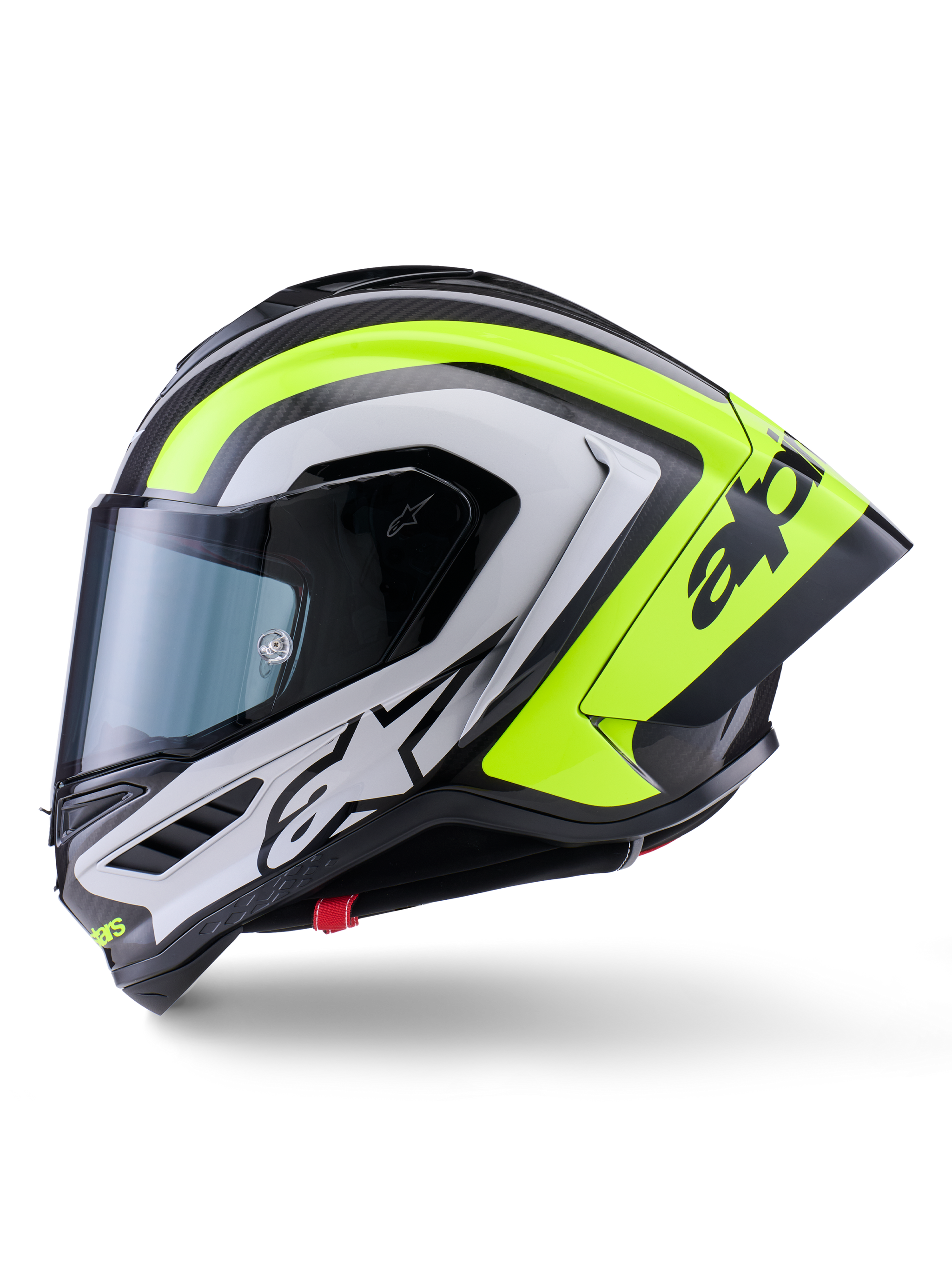 Alpinestars Supertech R10 Arius helm, motorracehelm, zwart, zilver en fluoriserend geel glanzend, zijaanzicht, voorzien van aerodynamische achterspoiler, carbonfiber constructie, opvallende logo's en getint vizier.