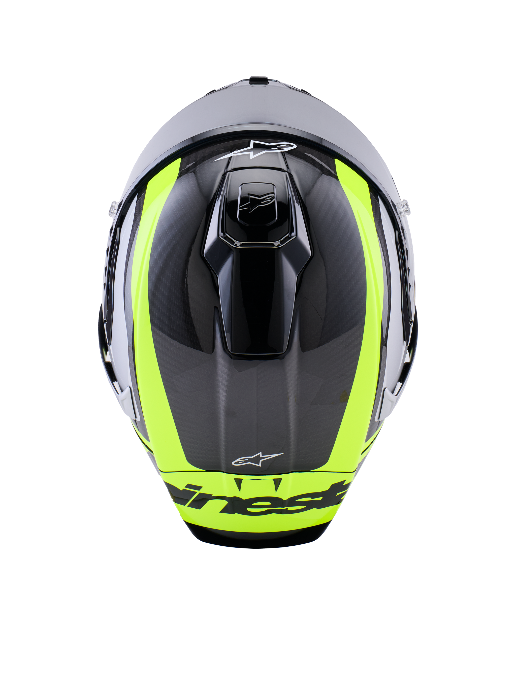 Alpinestars Supertech R10 Arius Helm, bovenaanzicht, zwart, zilver en fluorescerend geel glanzend, koolstofvezel schaal met opvallende fluorescerend gele strepen, aerodynamische ventilatieopeningen aan de bovenzijde en Alpinestars-branding, hoogwaardige racehelm