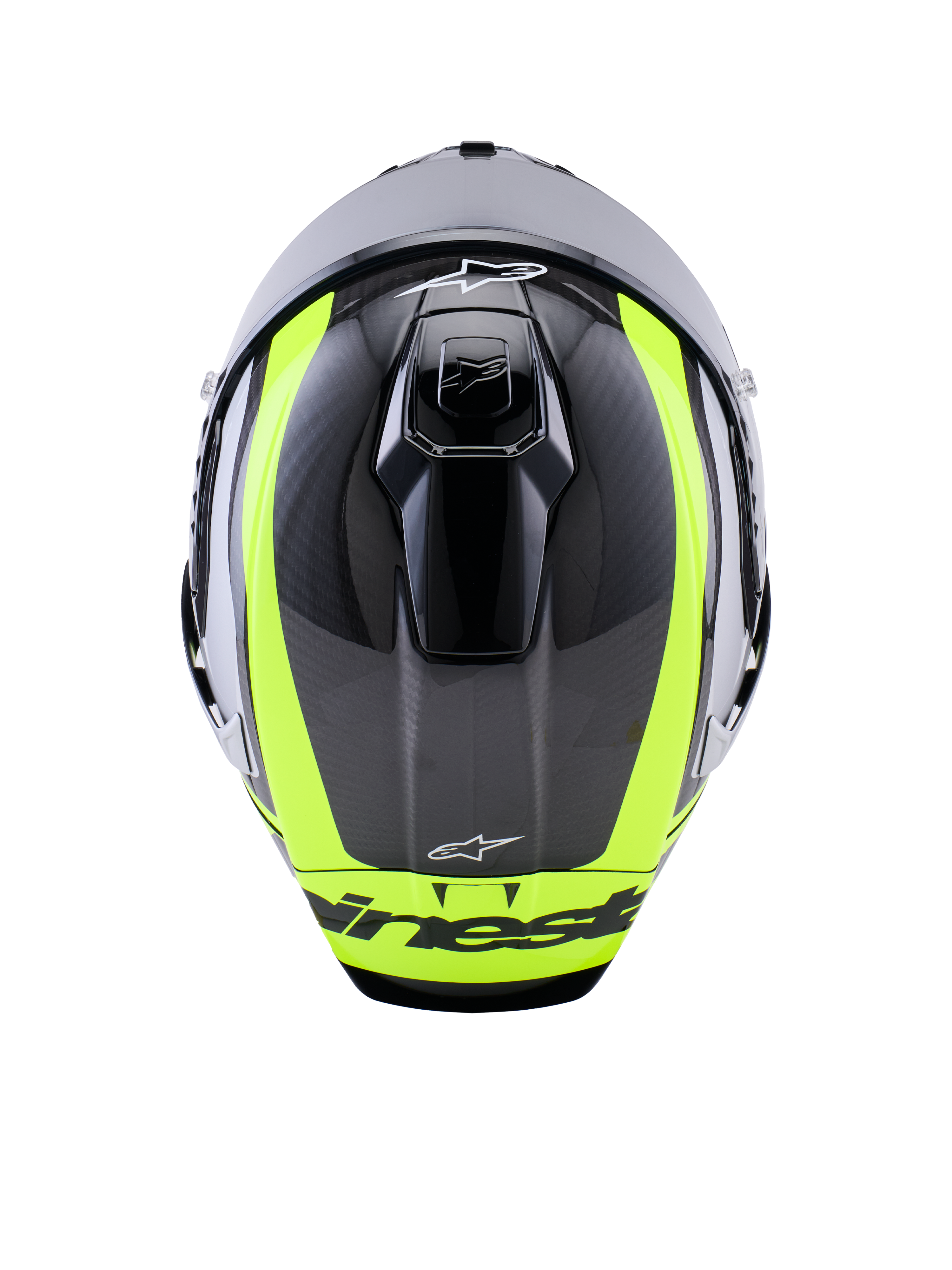Alpinestars Supertech R10 Arius Helmet, top-down view, Black Silver and Yellow Fluo Glossy, carbon fiber shell with vibrant fluorescent yellow stripes, aerodynamic top ventilation ports, and Alpinestars branding, high-performance racing helmet