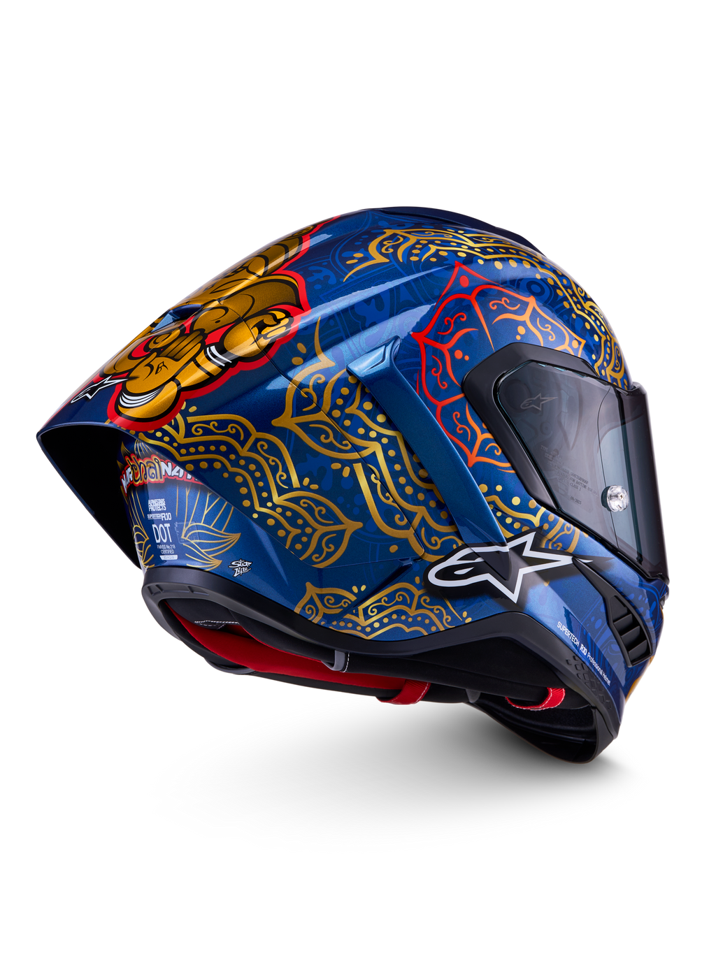 Alpinestars Supertech R10 Martinator Thai motorhelm, blauwe en gouden racinghelm van carbon, FIM- en ECE-gecertificeerd.