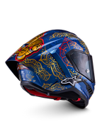 Alpinestars Supertech R10 Martinator Thai motorhelm, blauwe en gouden racinghelm van carbon, FIM- en ECE-gecertificeerd.