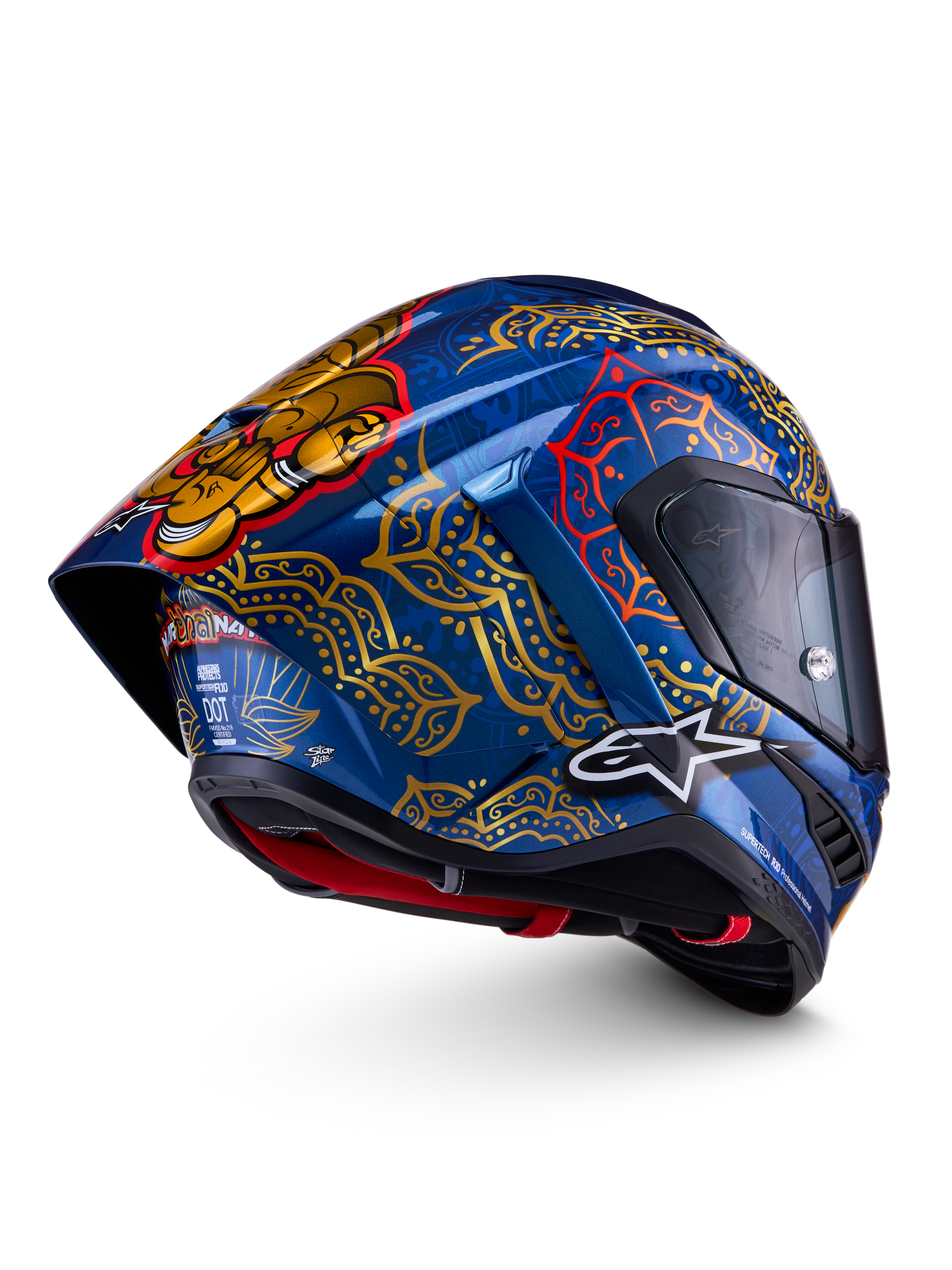 Alpinestars Supertech R10 Martinator Thai motorhelm, blauwe en gouden racinghelm van carbon, FIM- en ECE-gecertificeerd.